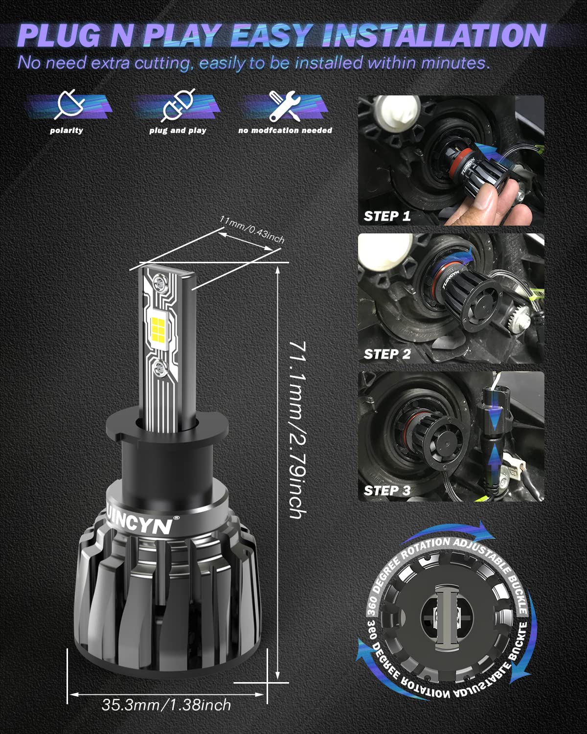 TUINCYN Ampoules H3 LED 16000LM 80W, +400% Luminosité Kit de Conversion de Lampes 6000K Blanc Phares LED pour Voiture et Moto Ampoule Remplacement pour Halogène HID, IP65 Etanche, 2PCS