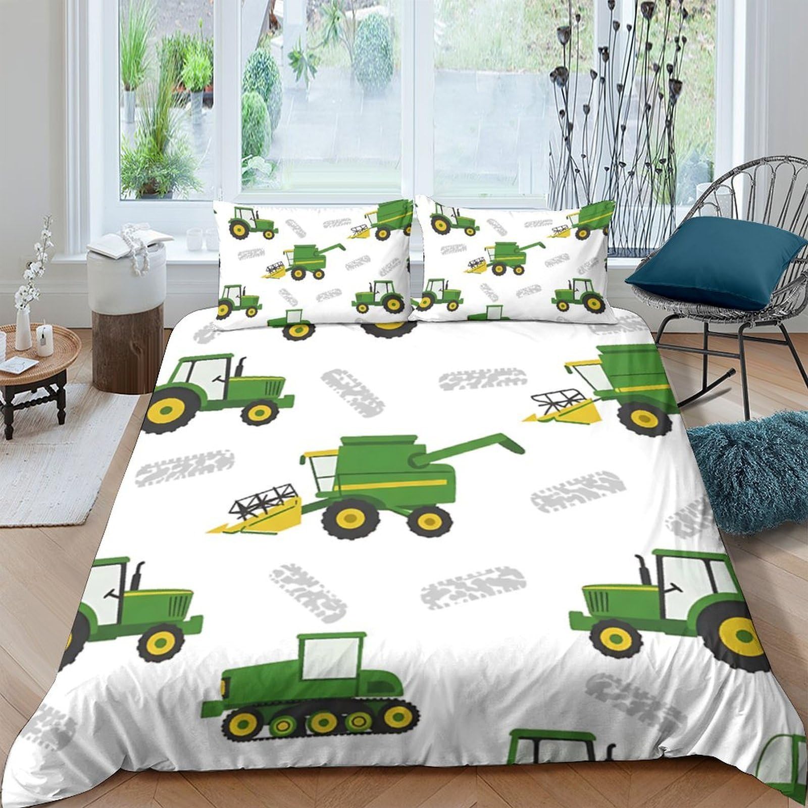 Ctjqhvkz Style-9 3D Printed Green Tractor Fitted Sheet Microfiber Soft Breathable Yellow Farm Machinery Mattress Cover For Bedroom Guest Room Decor Single（135X200cm）