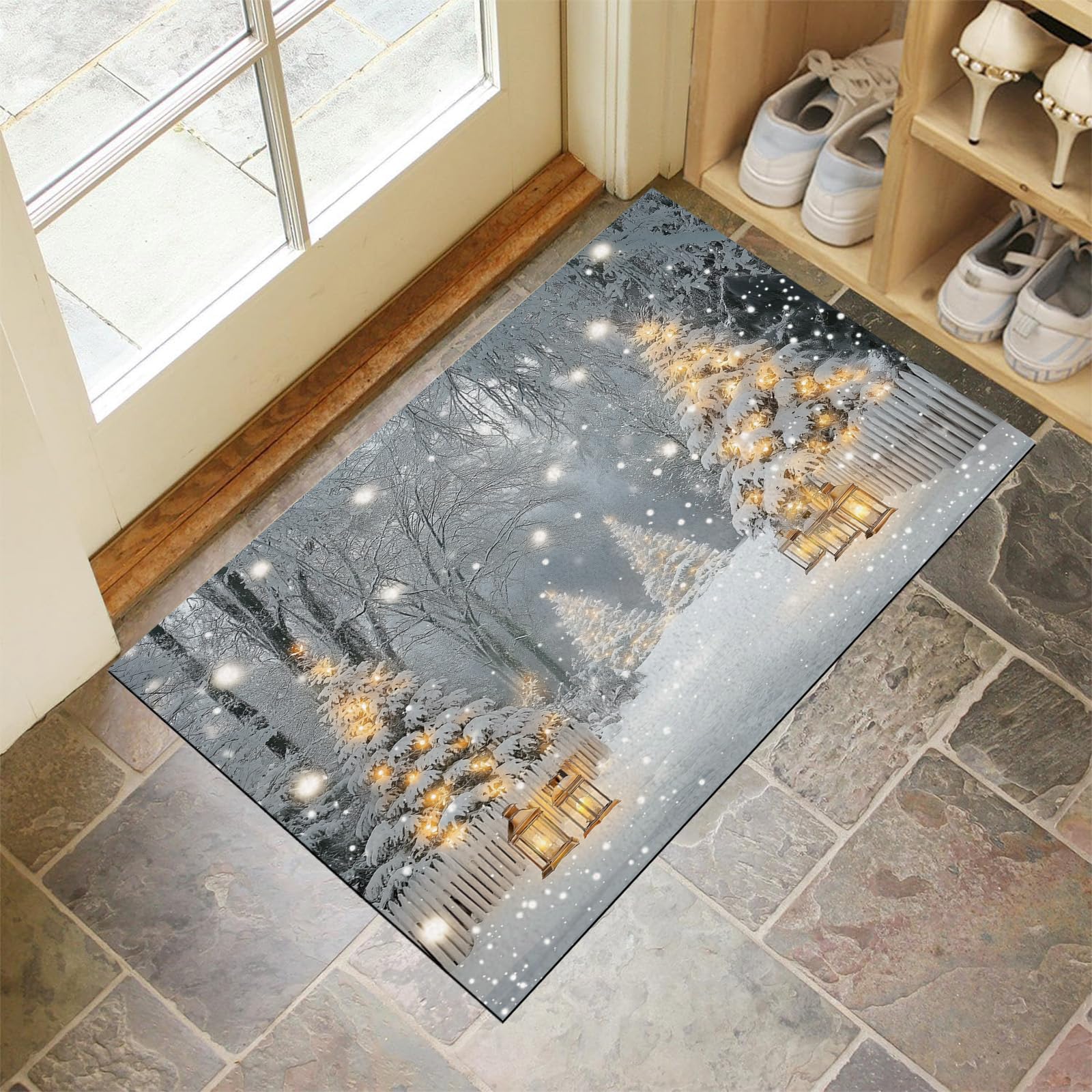 Fußmatte 80X120Cm - rutschfeste Eingangsmatte, Strapazierfähige Fußmatte, Schmutzfangmatte Mit Gummibeschichtung Für Den Außenbereich, Winterwald-Schneeszene Waschbare Fußmatte