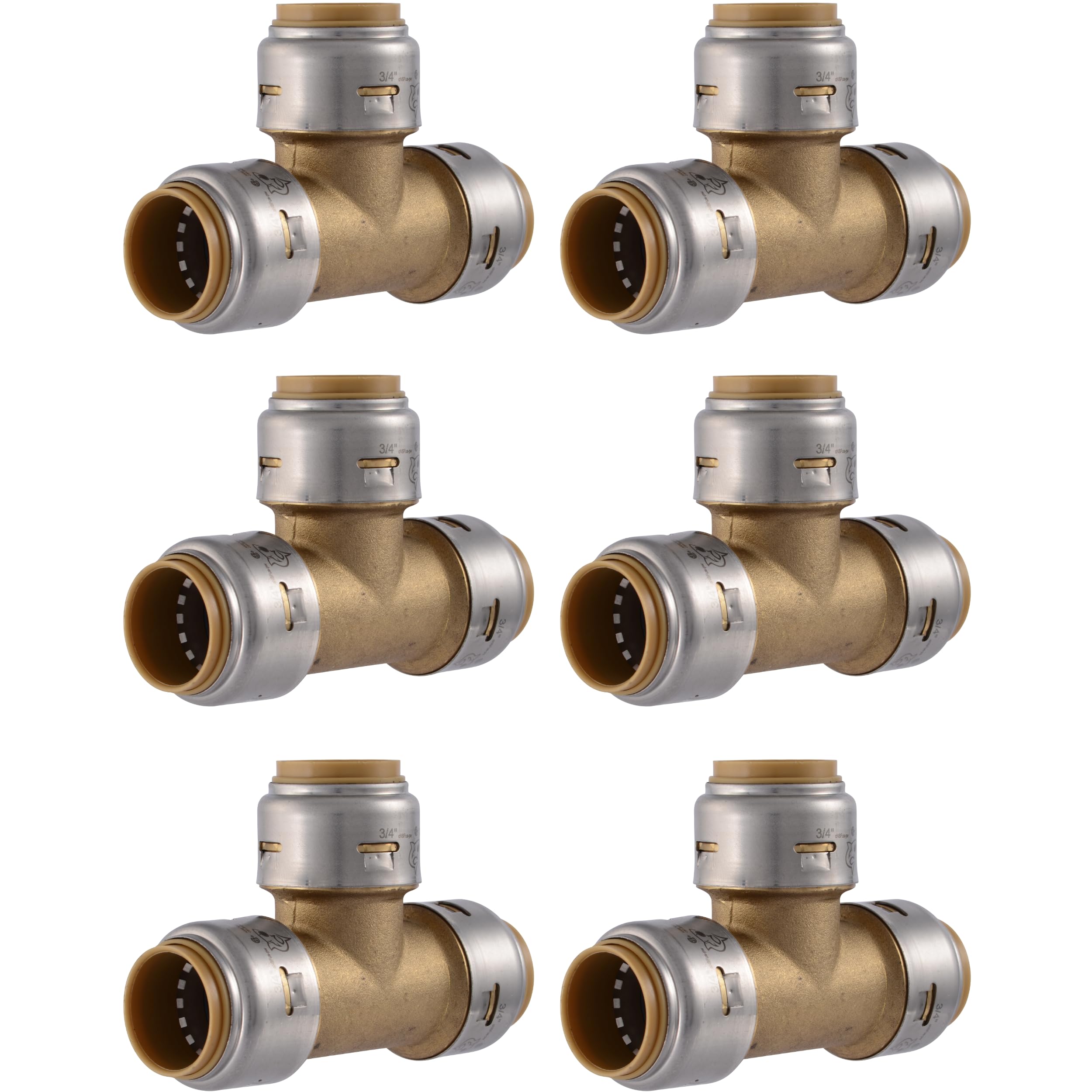 SharkBite Max 3/4 Inch Tee, Pack of 6, Push to Connect Brass Plumbing Fitting, UR370