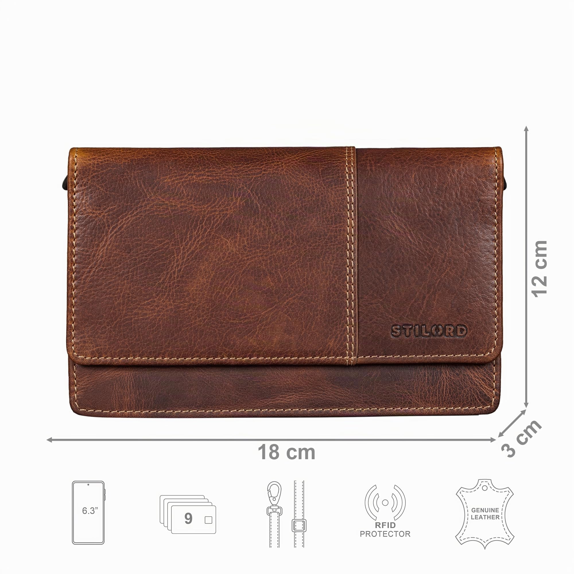 STILORD 'Darla' 3-in-1 Leder Handytasche mit Geldbörse zum Umhängen Damen Portemonnaie Groß 9 Kartenfächer RFID-Schutz Frauen Geldbeutel Handy Umhängetasche Echtleder, Farbe:Salerno - braun