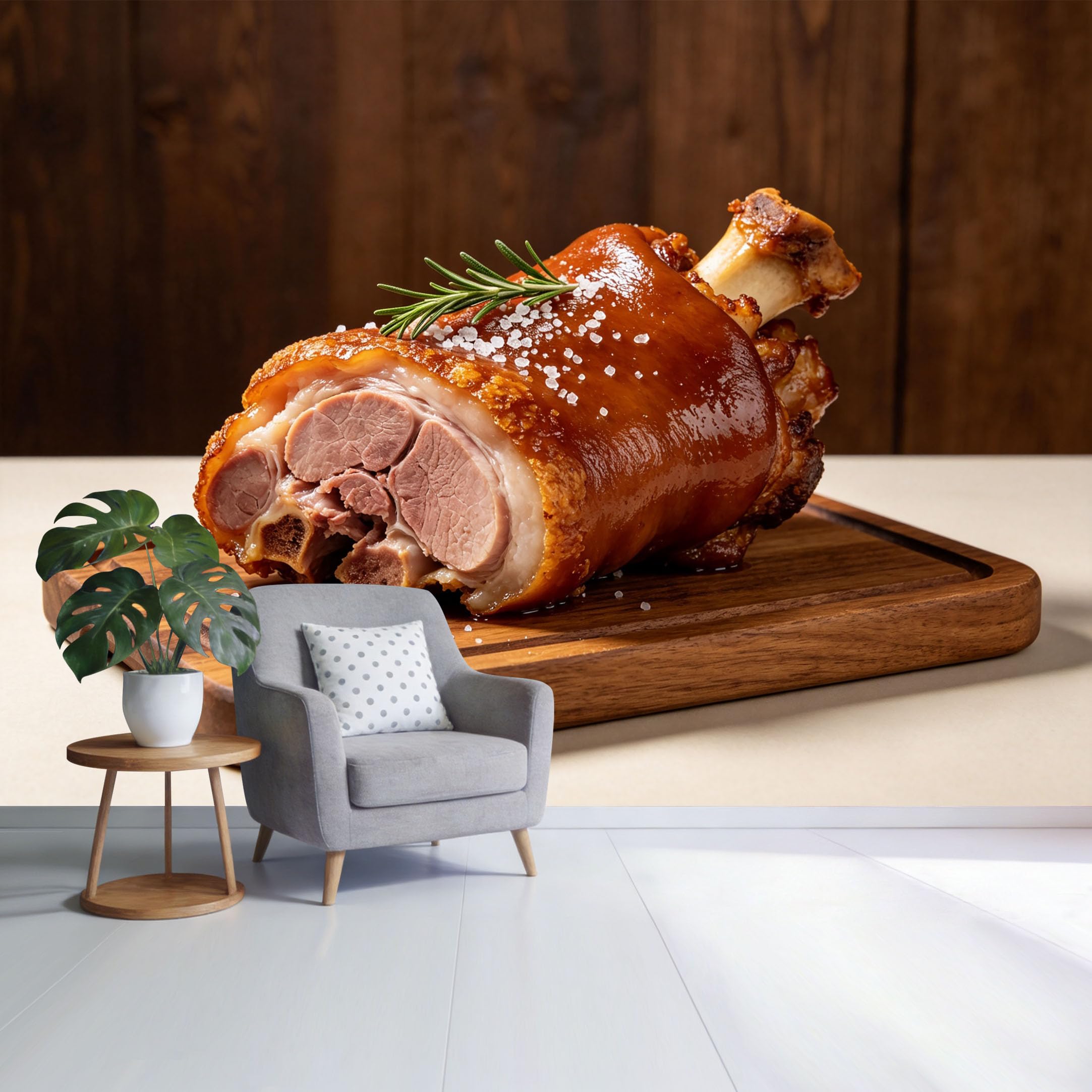 Custom Size Wall Mural Roasted Pork Knuckle on Wooden Board Rustic Culinary Food Photography Modern Kitchen Art SelfAdhesive Wall Fabric Removable Wallpaper for Home Office Decor