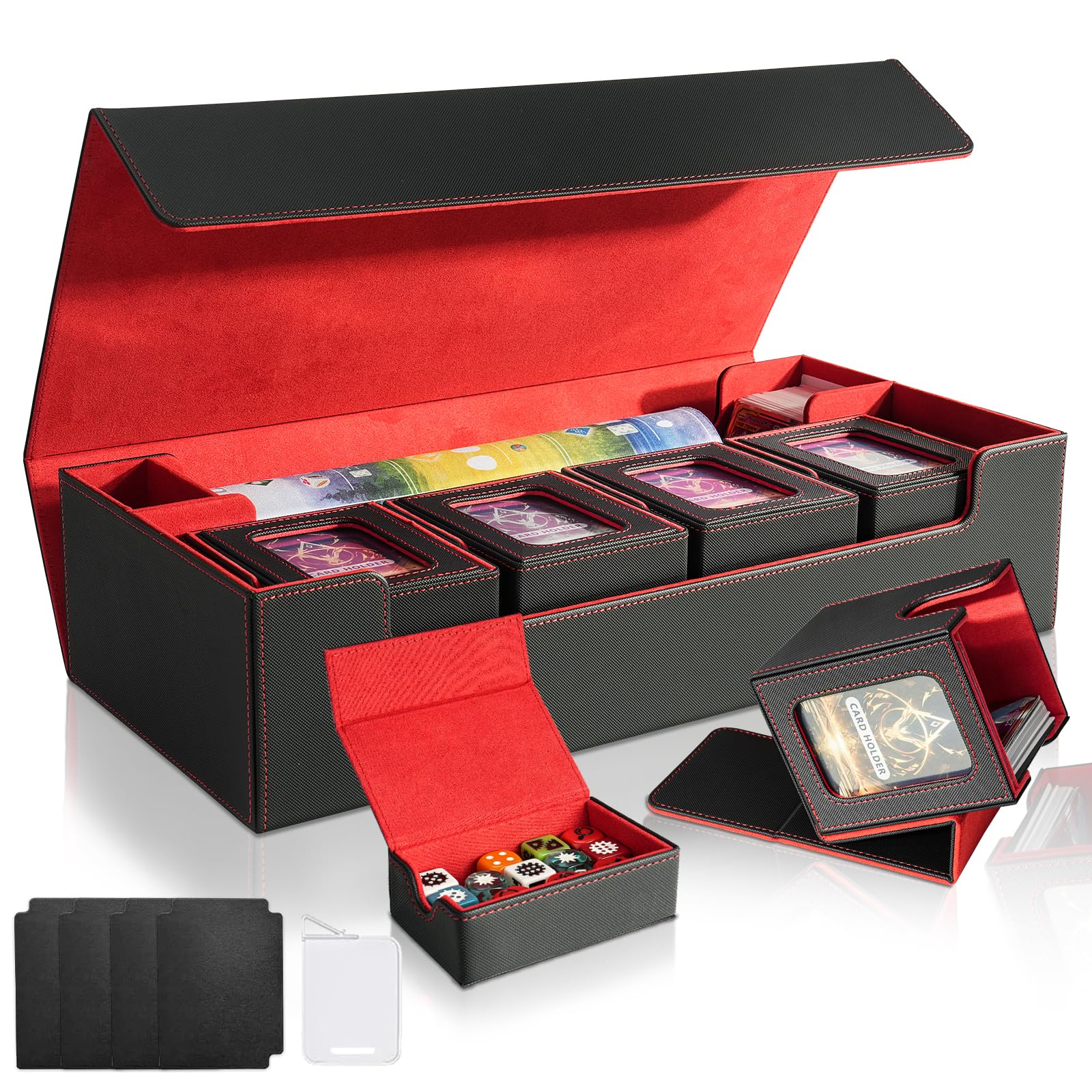 Card Deck Box Compatible with Yugioh MTG Commander, 6 in 1 Card Storage Box with Dice Tray Include 5PCS PU Leather Card Case Fits for TCG CCG Magic Trading Cards (Black&Red Set)