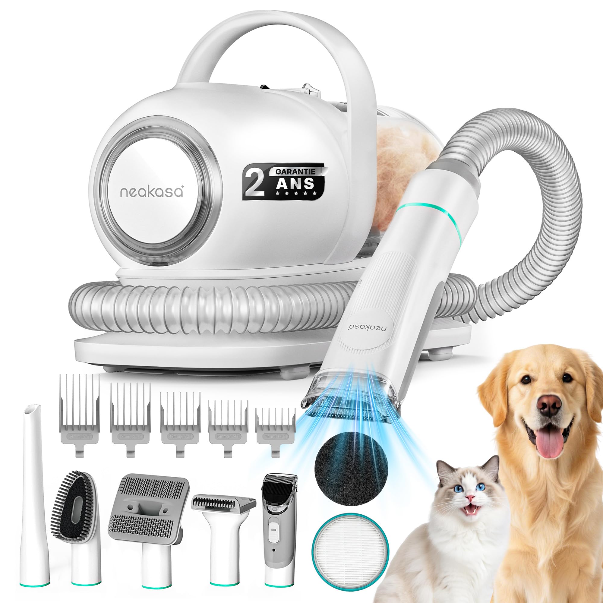 Neakasa P1 Pro Brosse Chat, Brosse Chien, Tondeuse professionnelle pour chats et chiens, Aspirateur de poils 13000 Pa, Silencieuse 52 dB, 5 Outils de toilettage pour poils courts, longs et épais