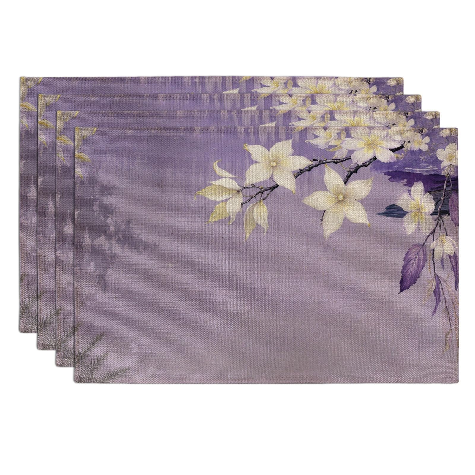 Violet Floral Placemats, Elegant Botanical Place Mats for Dining Table, Spring Season Non-Slip Washable Indoor Outdoor Kitchen Party Decorative Placemat Set of 4