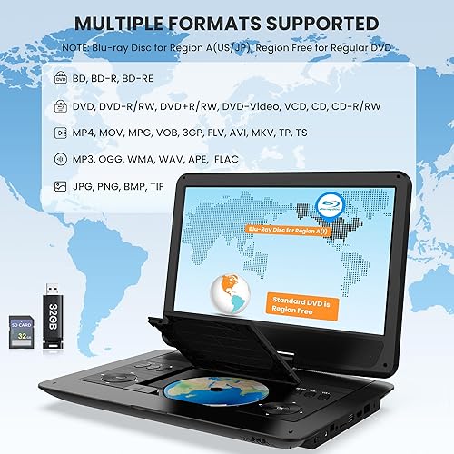 Miniatura 4 de WONNIE Reproductor de DVD Blu Ray portátil de 16.9 pulgadas con pantalla giratoria grande Full HD de 14.1 pulgadas, sonido Dolby Audio, batería