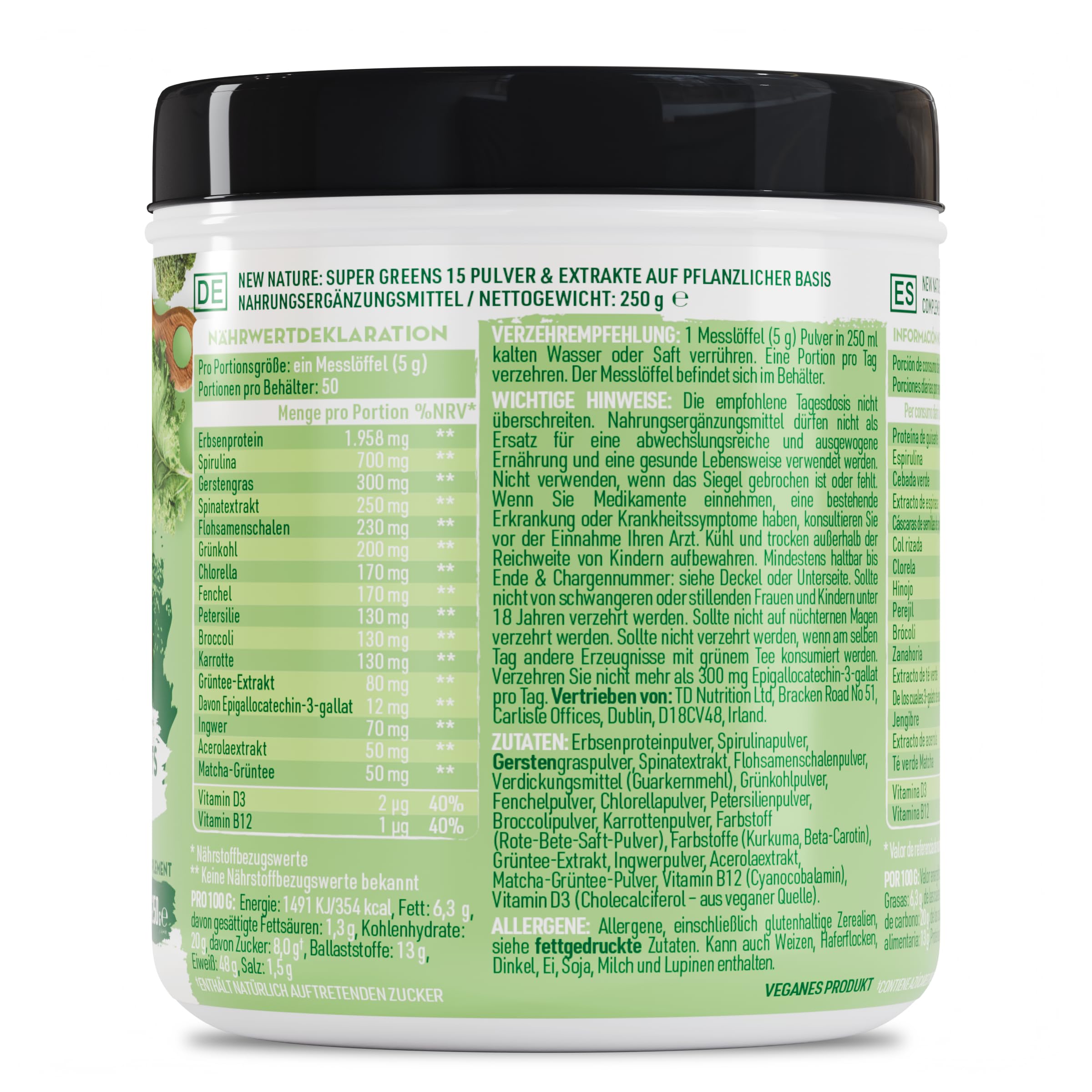 New Nature Super Greens Pulver 250g - Natürliches Superfood Smoothiepulver aus 15 Superfoods, Zuckerfrei, Vegan, 50 Portionen - Gesundheit & Vitalität für den Alltag