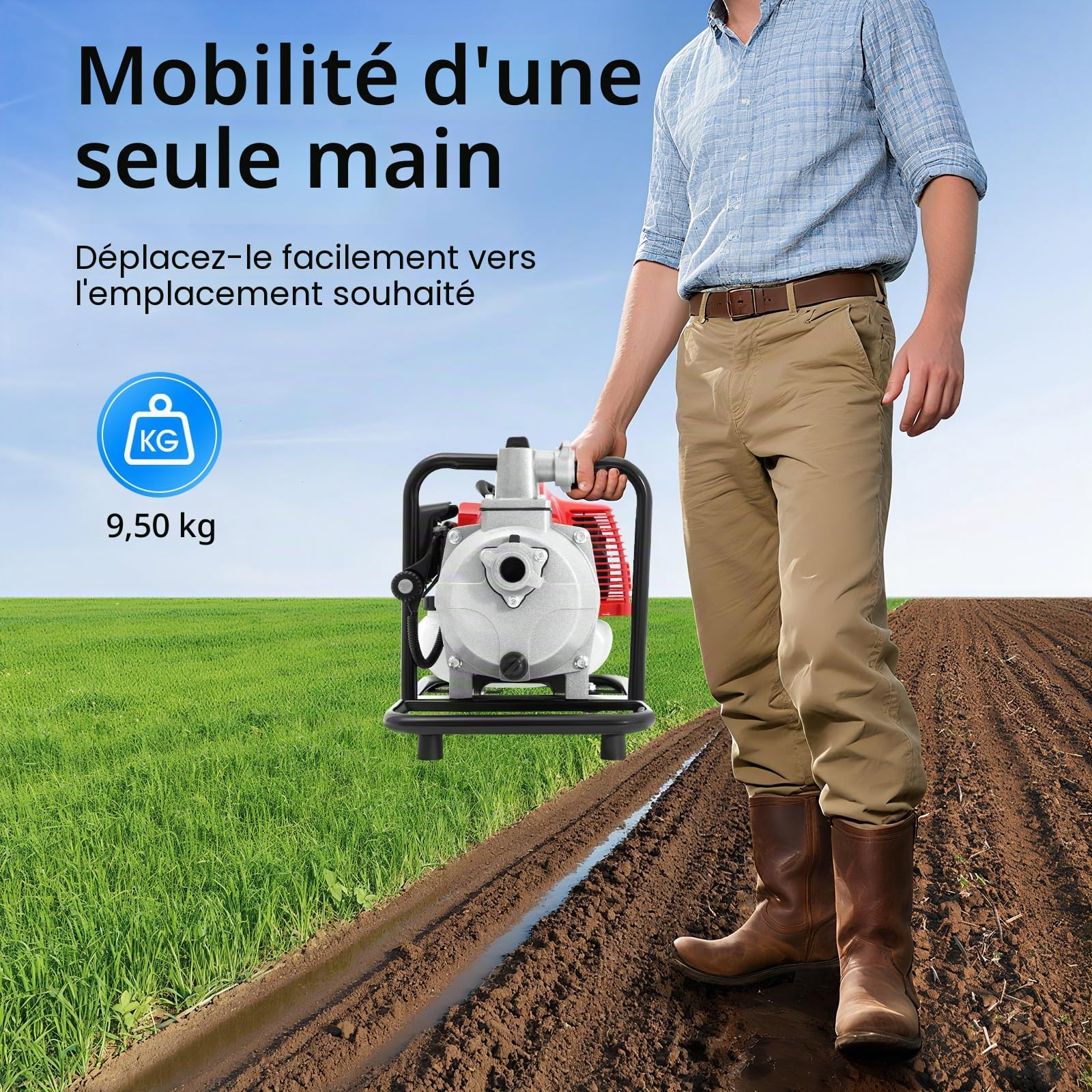 1.7CV Pompe à eau à moteur à essence 2 temps pour jardin Pompe de jardin Motorpumpe Wasserförderpumpe avec refroidissement à air 43CC Pompe à eau sale Motorpumpe Bewässerungspumpe pour