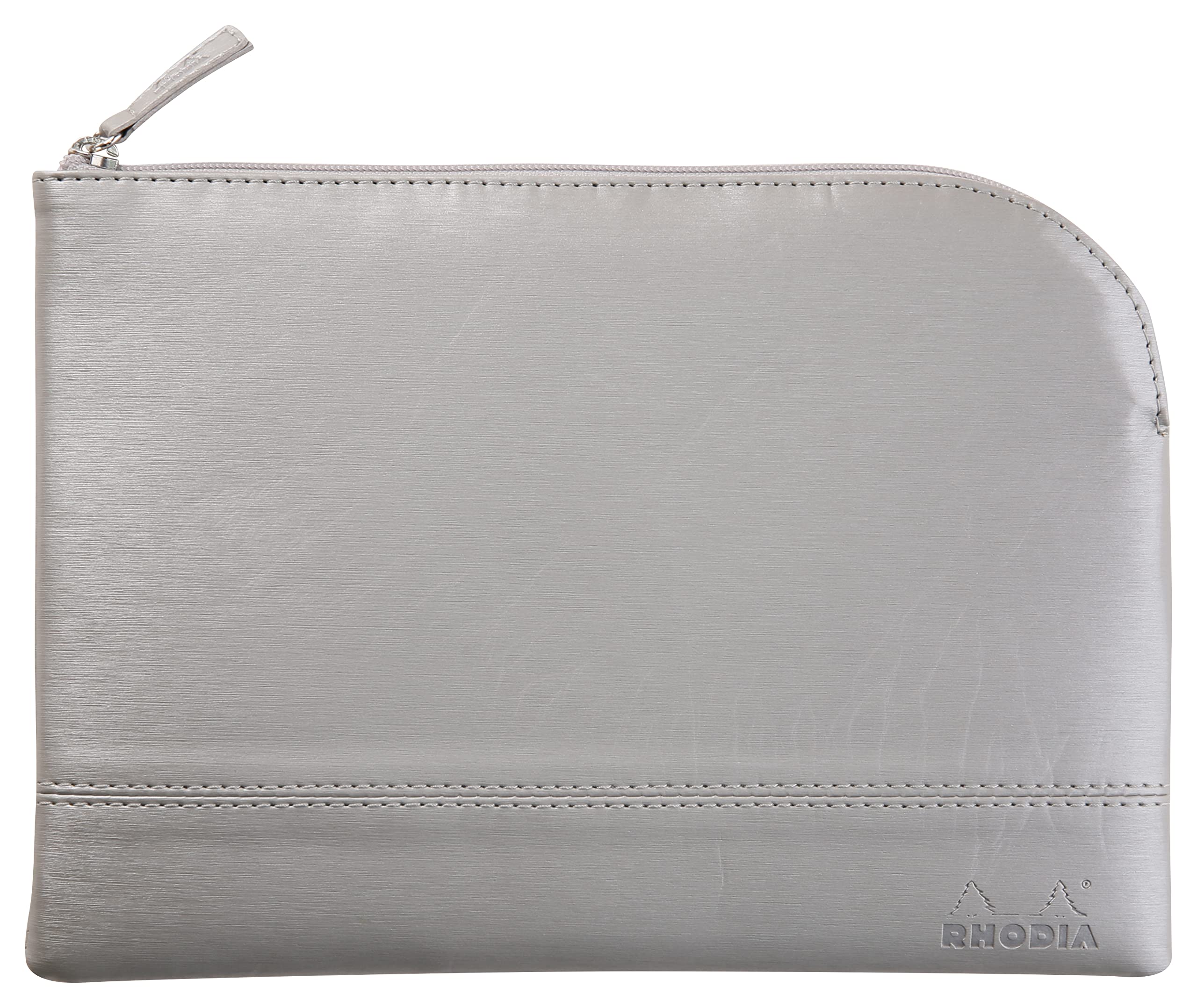 RHODIA 116621C - Leatherette Zipped Pouch - Silver - Size M (16 x 22 cm) - Genuine Stitching - Orange Fabric Interior - Storage for Documents, Small Supplies