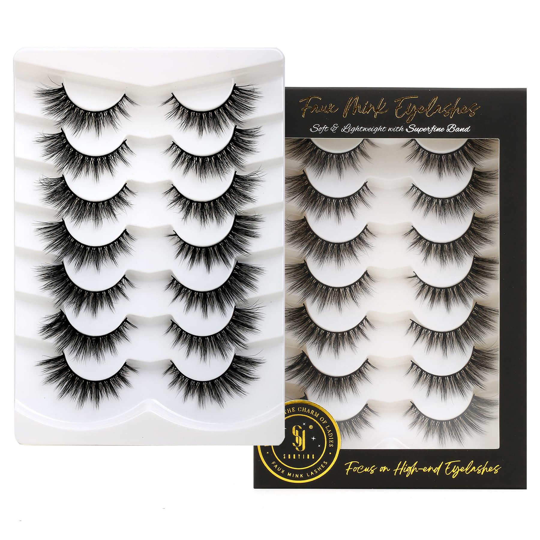 SHUYING False Eyelashes 15mm Faux Mink Lashes with Superfine Band Natural Look Fluffy Cat Eye Strip Lashes Soft