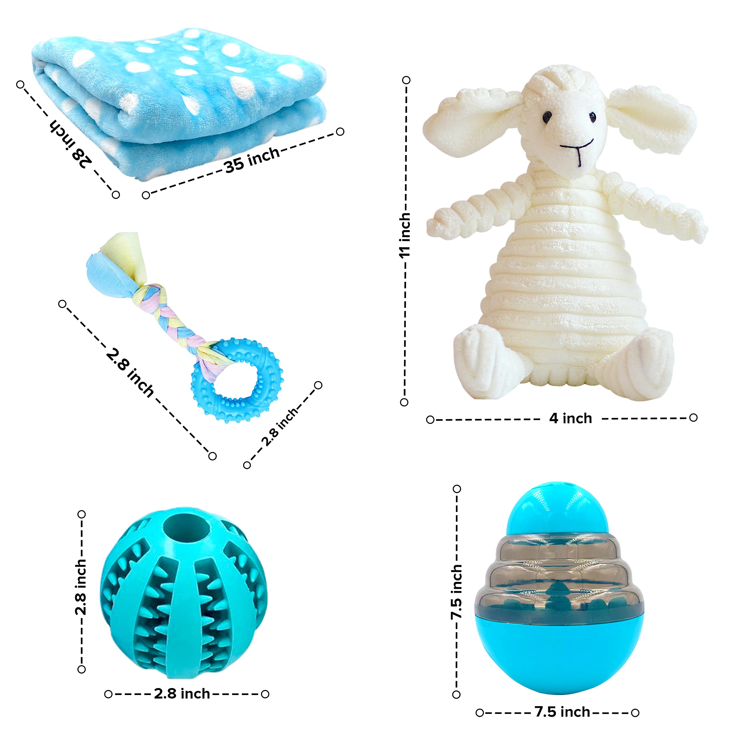 Caja de regalo azul para perros, juego de 5 juguetes masticables para cachorros, paquete de cuidado con manta para perro, felpa chirriante, mordedor de goma para cachorros, bola de dentición