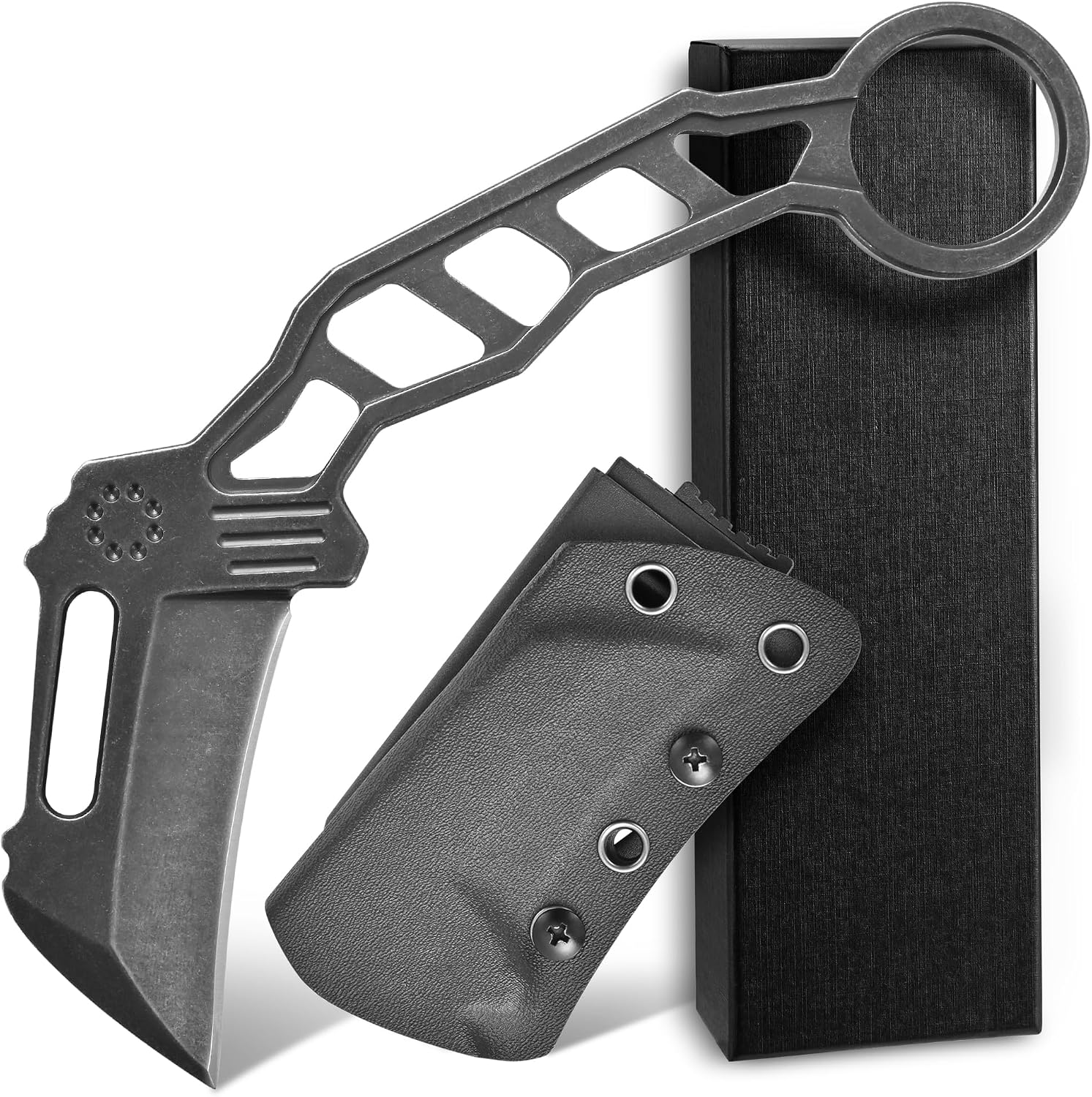 Ccanku C1120 Fixed Blade Knife D2 All Steel Handle Claw Knife with Kydex Sheaths for Outdoor, EDC, Camping, Survival (Black)