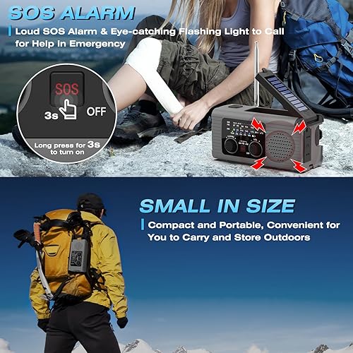 Miniatura 6 de Radio de emergencia de 4,000 mAh con manivela solar AMFMNOAA, portátil, con cargador de teléfono, linterna LED, lámpara de lectura, alarma SOS,
