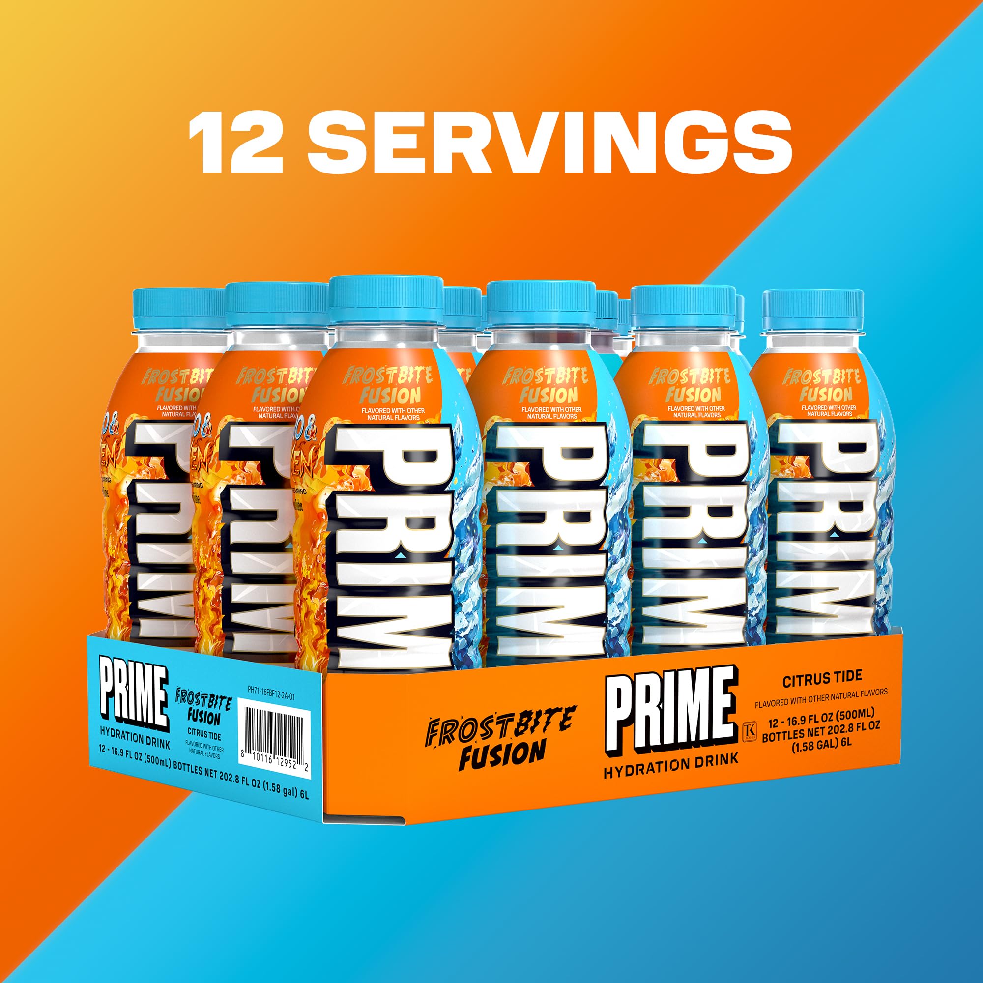 PRIME Hydration FROSTBITE FUSION, Sports Drinks with Coconut Water, Electrolyte Enhanced to Replenish Fluids, Zero Added Sugar, B Vitamins, Antioxidants, Made with Natural Flavors, 16.9 Fl Oz 12 Pack
