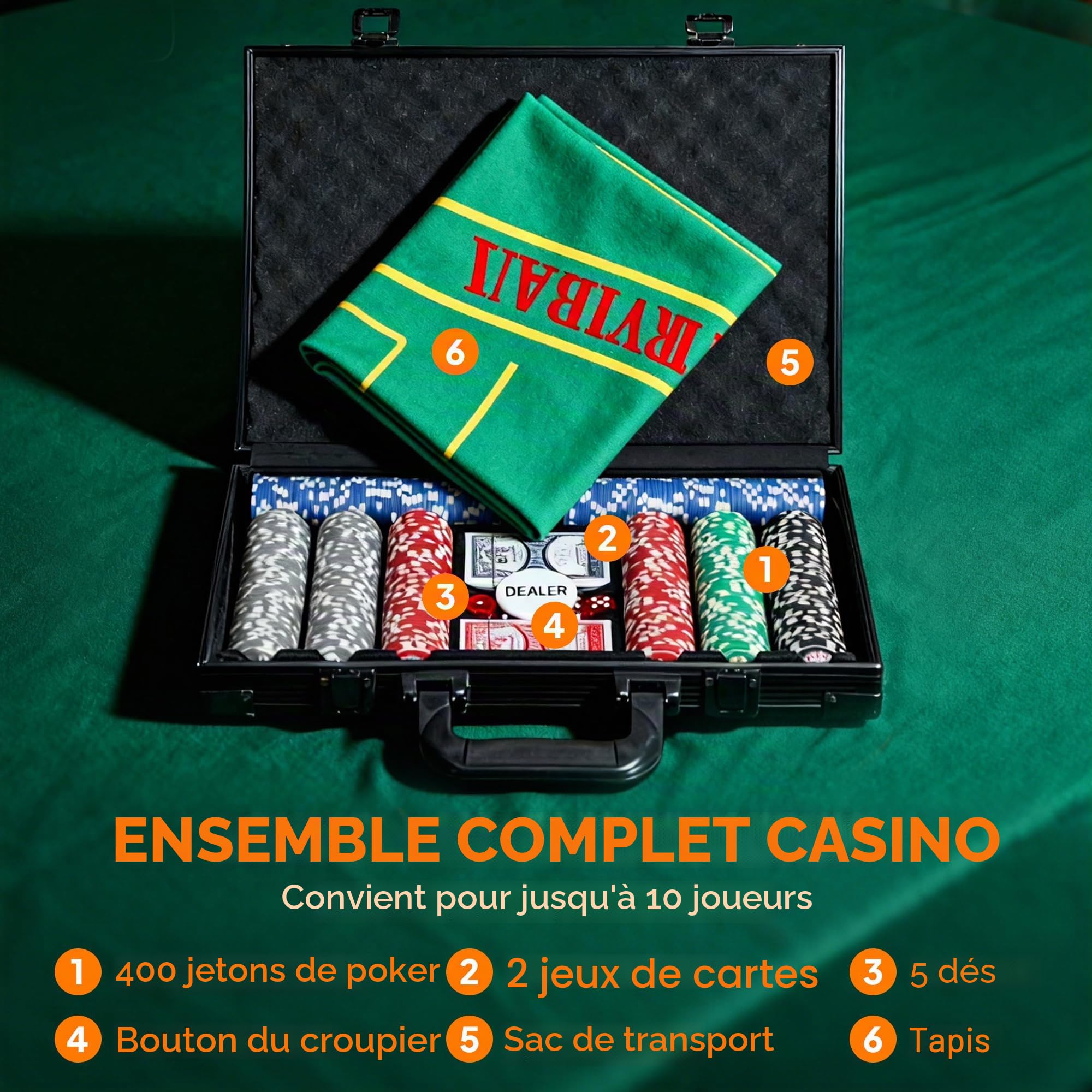 Mallette de poker SPORTNOW Set de poker, set complet de poker avec 400 jetons, 11,5 grammes, 2 jeux de cartes, 5 dés, compartiments intérieurs, disque de croupier, tapis de jeu, mallette en aluminium