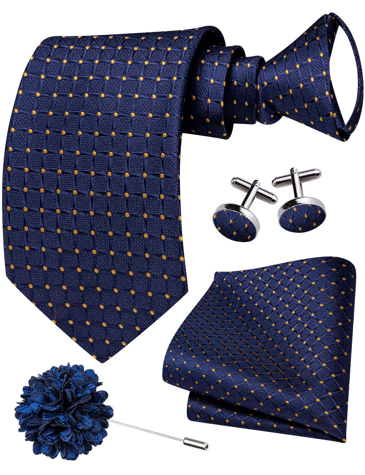 Hi-Tie Zipper Ties for Men Pre-tied Tie Set Lapel Pin Pocket Square and Cufflinks Formal Business Wedding Adjustable Necktie