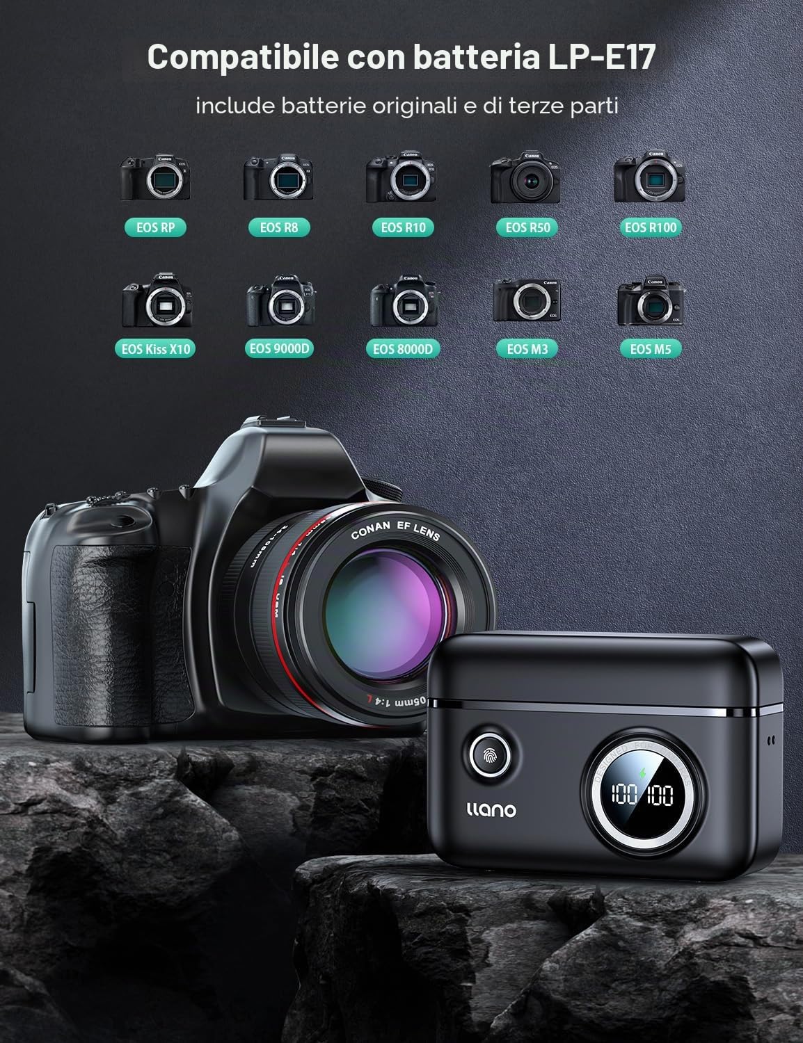 llano Set di 2 batterie LP-E17 e caricatore doppio veloce da 18 W USB per Canon EOS R50, RP, R10, R8, Rebel T8i, T7i, T6i, T6s, SL2, SL3, EOS M3, M5, M6, con schermo intelligente e copertura magnetica