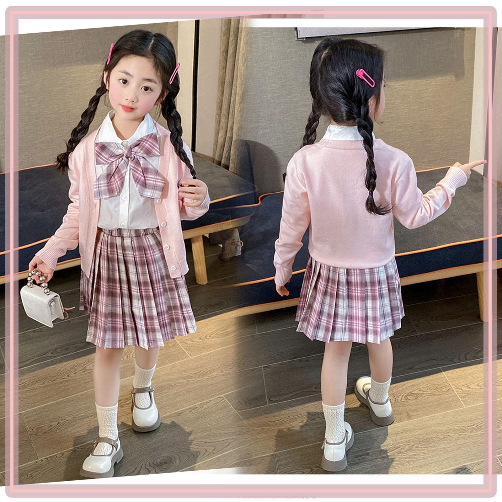 Kuro-mi My Me-lody JK Girls Uniform Set V-Neck Mesh Cardigan Plisowana spódnica w kratę Koszula + Muszka