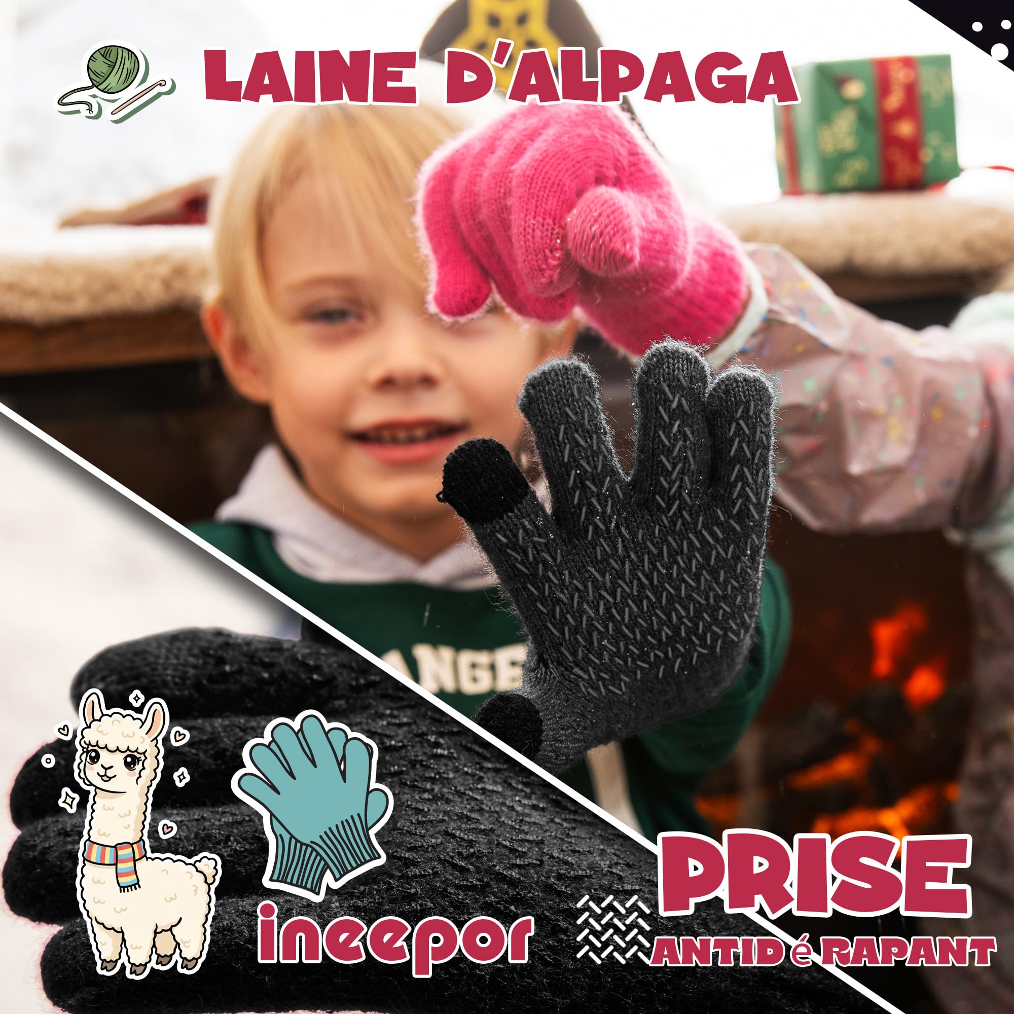 ineepor Gants Hiver Enfant en Alpaga Double Couche Gants Chaud Enfant avec Doublure Polaire Isolante et Chaude pour Garçons et Filles 3-12 Ans