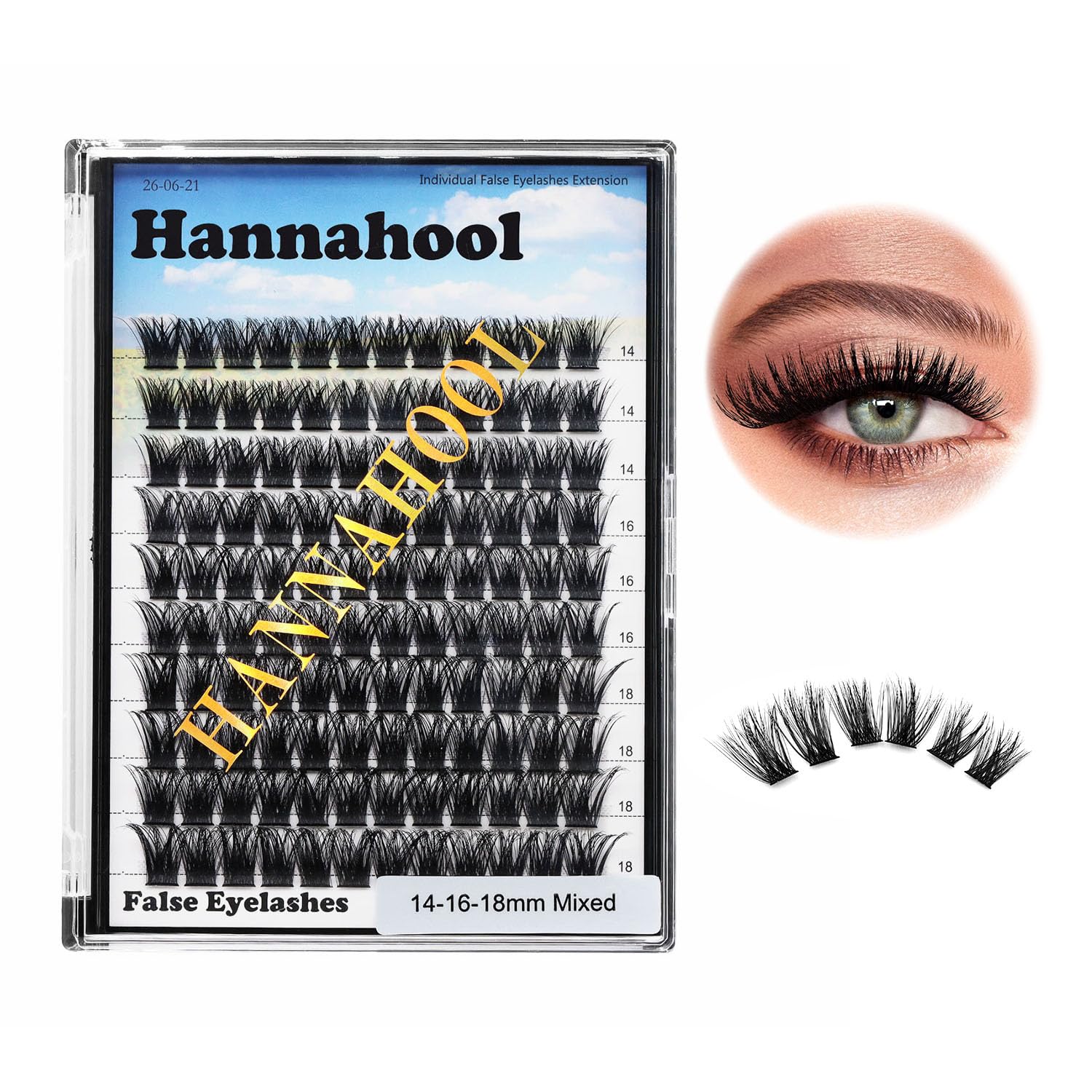 Hannahool 120pcs D Curl Individual Wide Stem Cluster DIY Eye Lashes Extensions Mixed 10-12-14-16mm/14-16-18mm/12-14-16mm Makeup Dramatic Volume Lashes