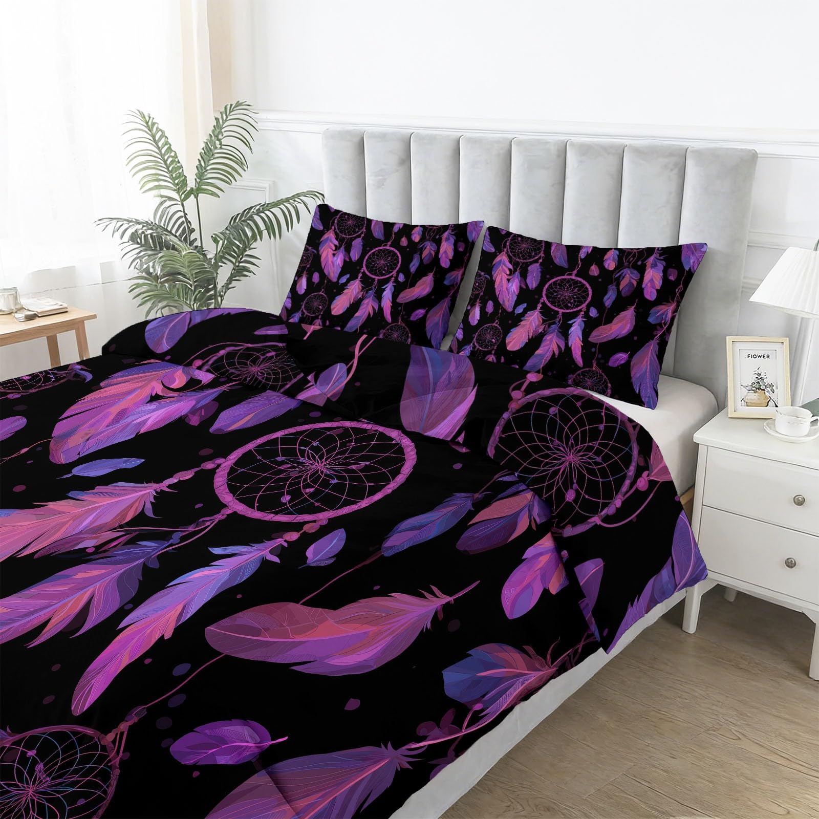 Zestaw pościeli dla dzieci z nadrukiem czeski łapacz snów, zmywalna fioletowa mikrofibra poszewka na kołdrę dla nastolatek, podwójna (160 x 200 cm) spersonalizowana 3 szt