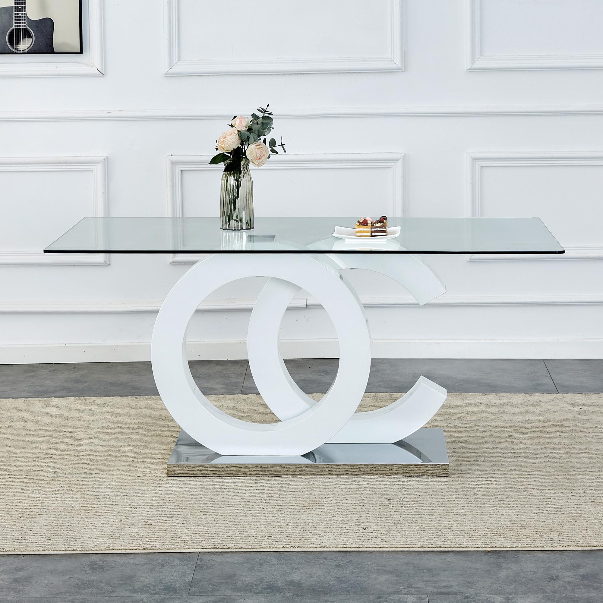 63" Glass Dining Table for 6-8, Modern Kitchen Table w/0.39" Tempered Glass Tabletop, Large Rectangular Dining Room Table for Home, Dining Room,