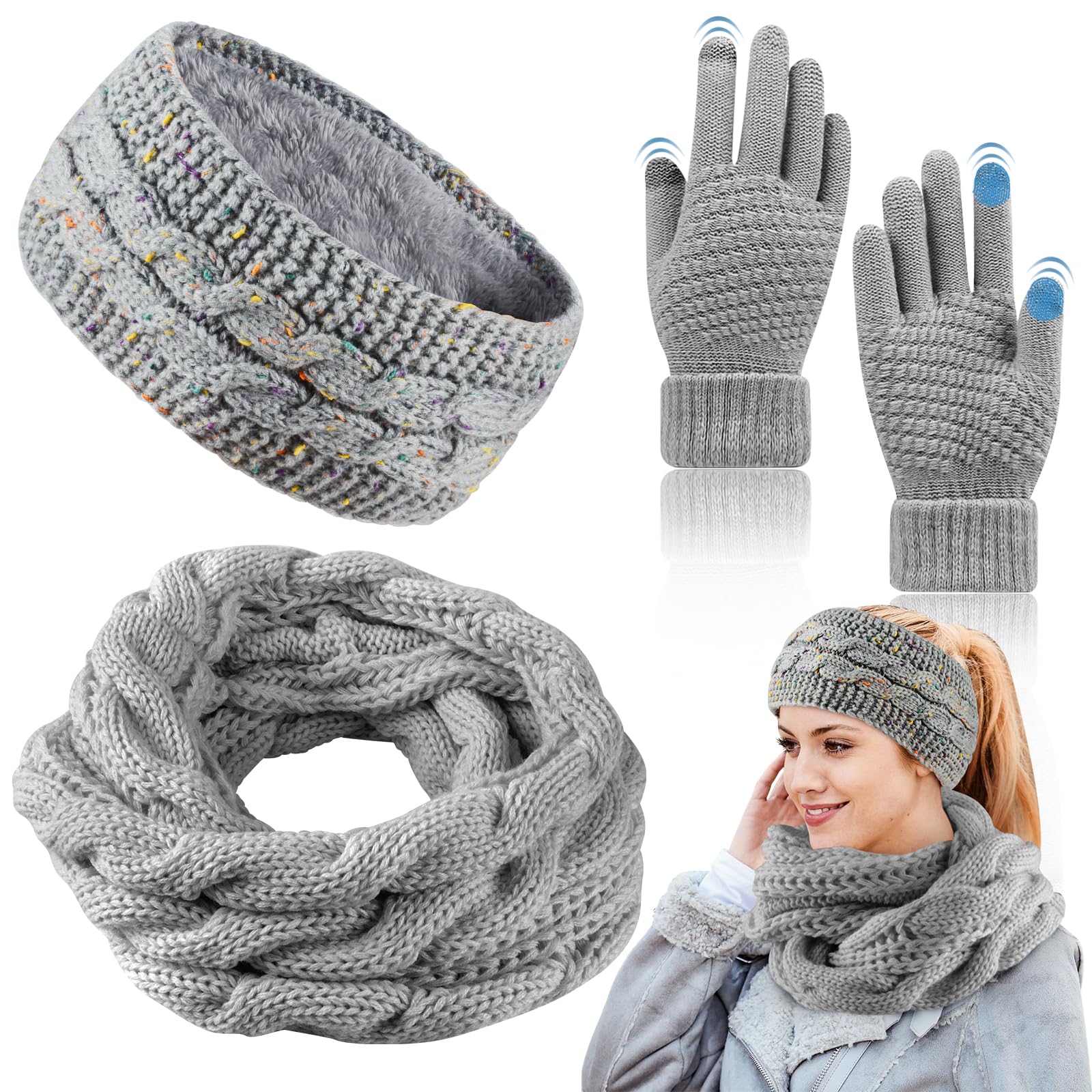 Schal, Stirnband & Handschuh-Sets für Damen, Loop Schal Damen,Warme Verdicken Stirnband Mädchen Winter,Touchscreen Handschuhe Damen Winterschal Kombi Ohrenwärmer Set Damen Geschenk Winterzubehör