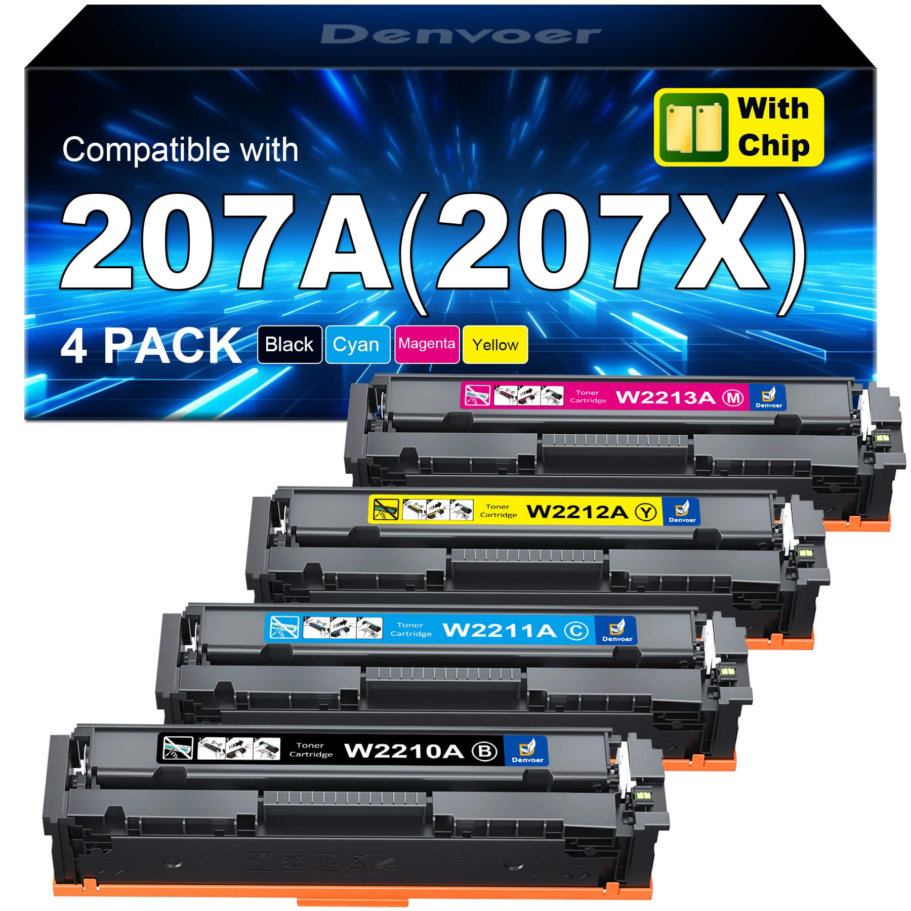 207A 207X Toner mit Chip Kompatibel für HP 207A 207X für HP Color LaserJet Pro MFP M283fdw Toner Schwarz M283fdn M283cdw M282nw M255dw M255nw W2210A W2210X Schwarz Cyan Magenta Gelb 4-Pack