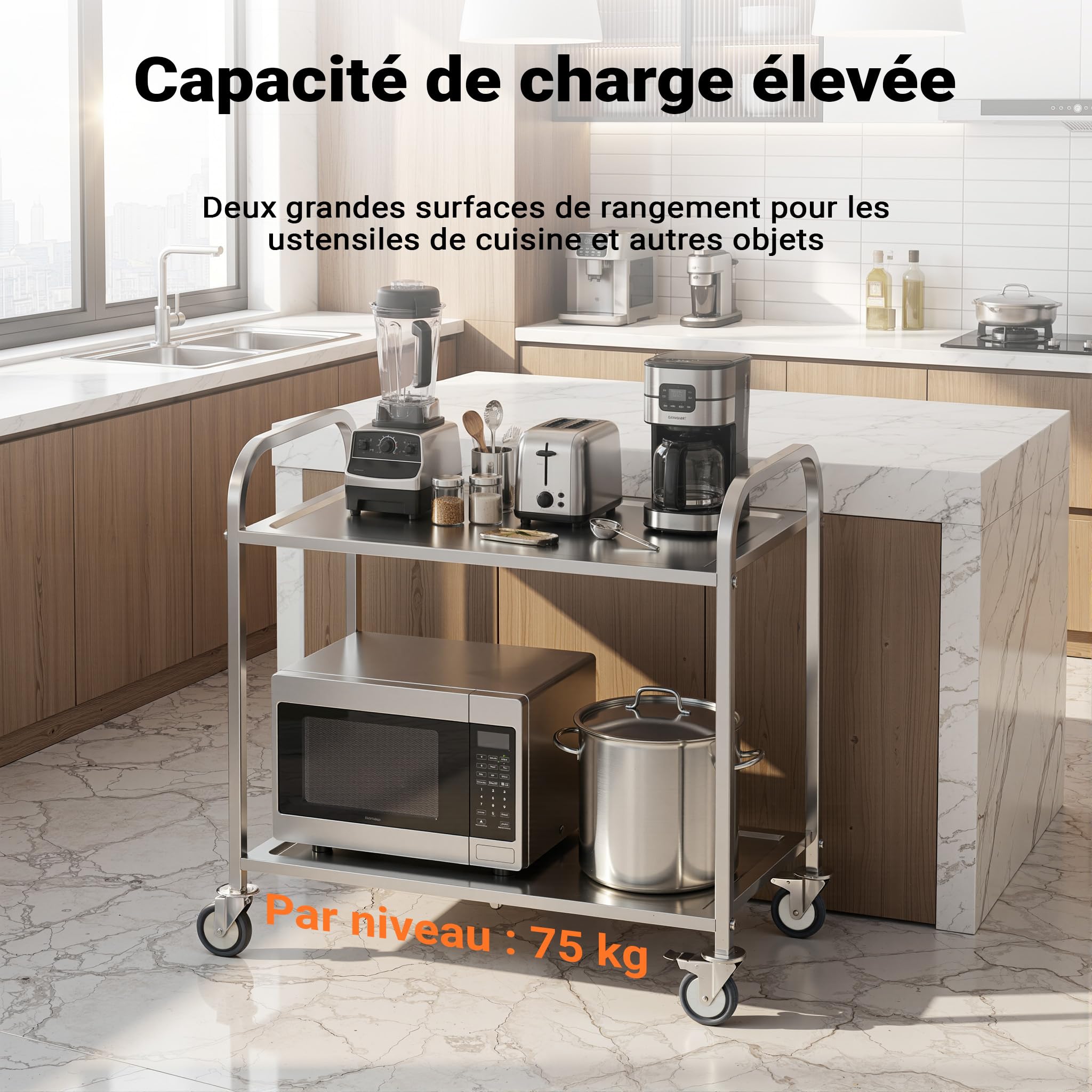 WilTec Chariot de Service – 940 x 560 x 940 mm – Acier affiné – 2 Étagères – Jusqu’à 150kg – Desserte Table servante Mobile avec Frein