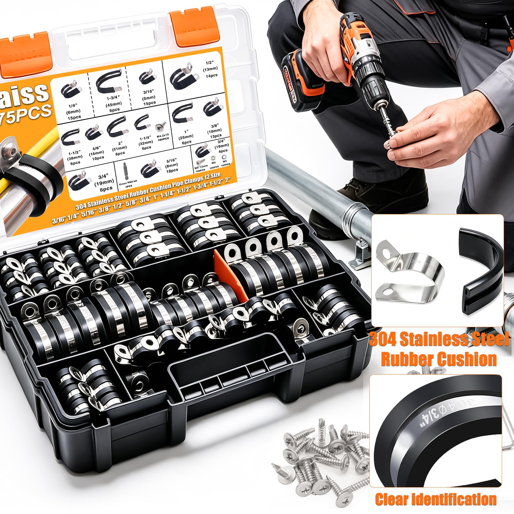 Taiss Kit assortito di 320 fascette stringicavo in acciaio inox 304 con cuscinetti in gomma e 12 misure da 3/16" 1/4" 5/16" 3/8" 1/2" 5/8" 3/4" 1" 1-1/4" 1-1/5 Morsetto per cavi da 0,1 cm (1-3/4" 5,1