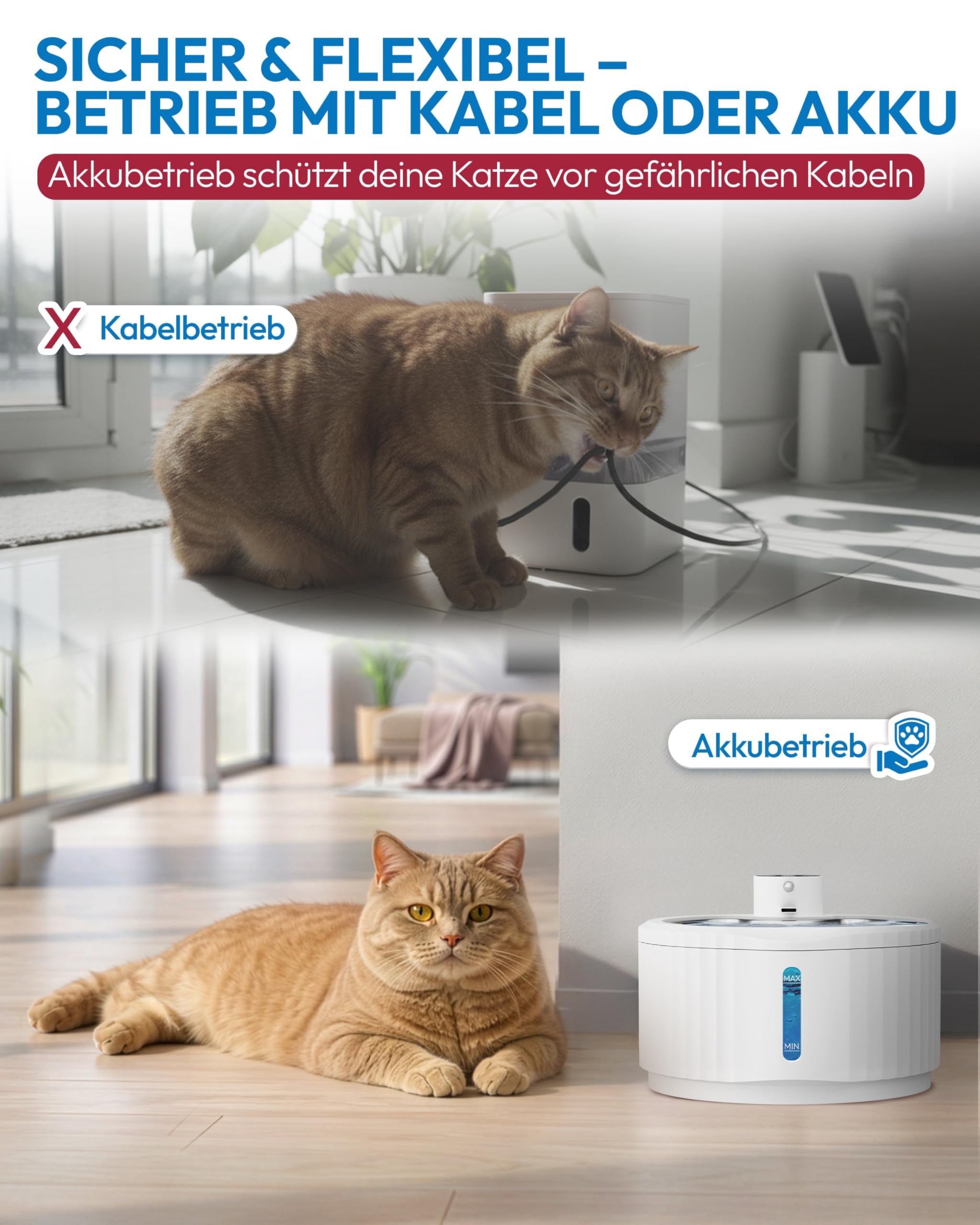 Miaura® Fontaine à eau pour chat sans fil et super silencieuse - Fontaine à boire pour chat 2,8L de capacité - Fontaine à eau pour chat avec détecteur de mouvement - Fontaine à eau pour chat avec une