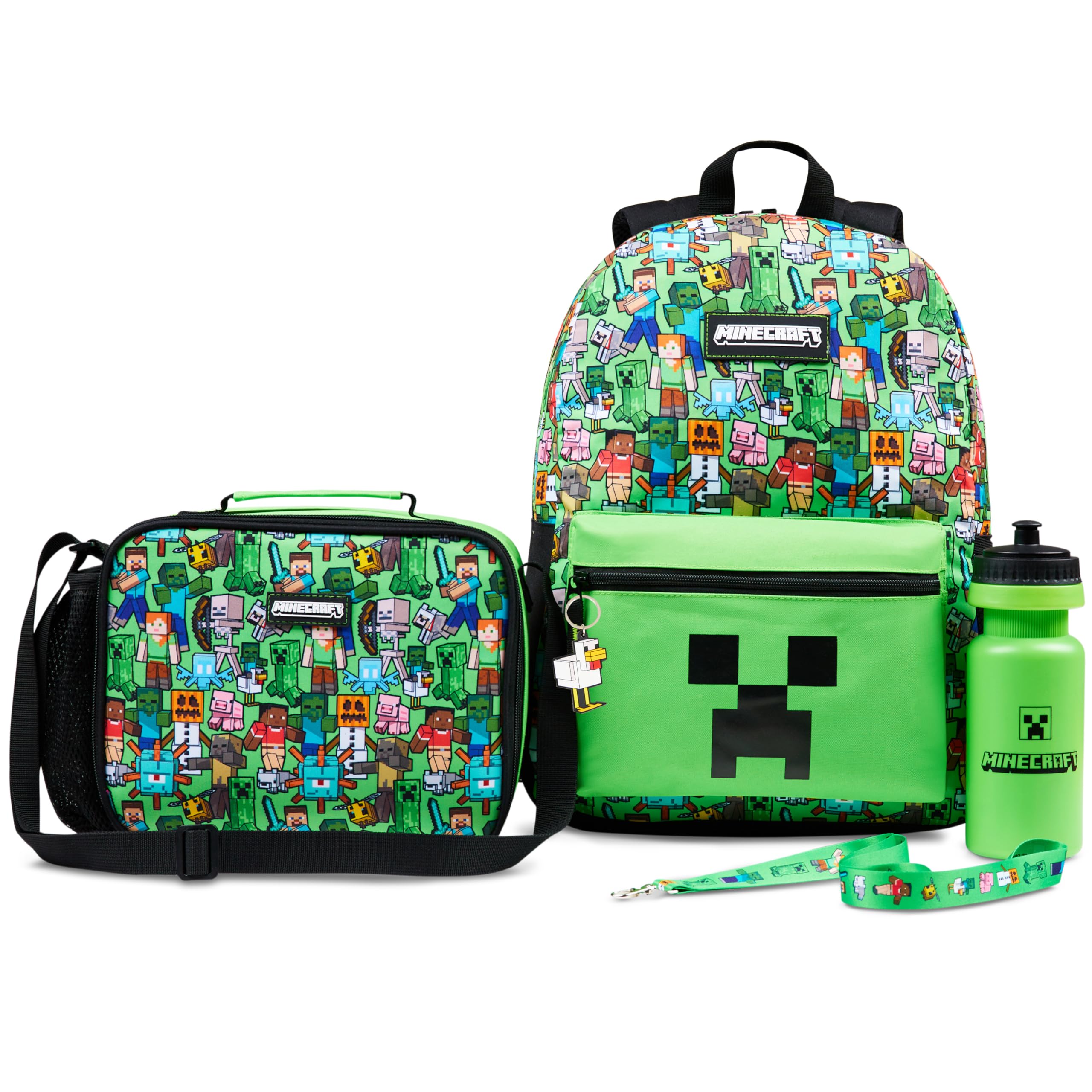 Minecraft Plecak chłopięcy, zestaw upominkowy, 5 szt., torba szkolna, torba na lunch, butelka na wodę, brelok i smycz (zielony AOP)