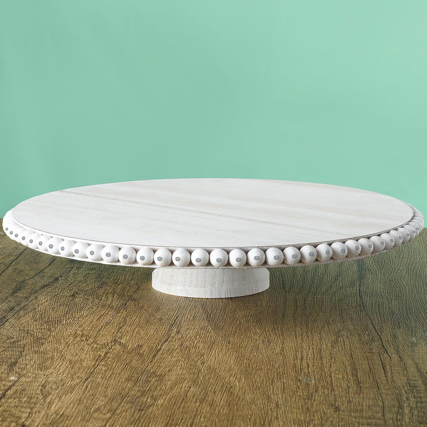 Beaded Tabletop Cake Stand — 12-Inch Decorative Wood Cake Stand — White Farmhouse Dessert Cake Pedestal Wood Round Dessert Stand — Cakes Holder Dessert Display Plate Serving Tray for Table Wedding Display