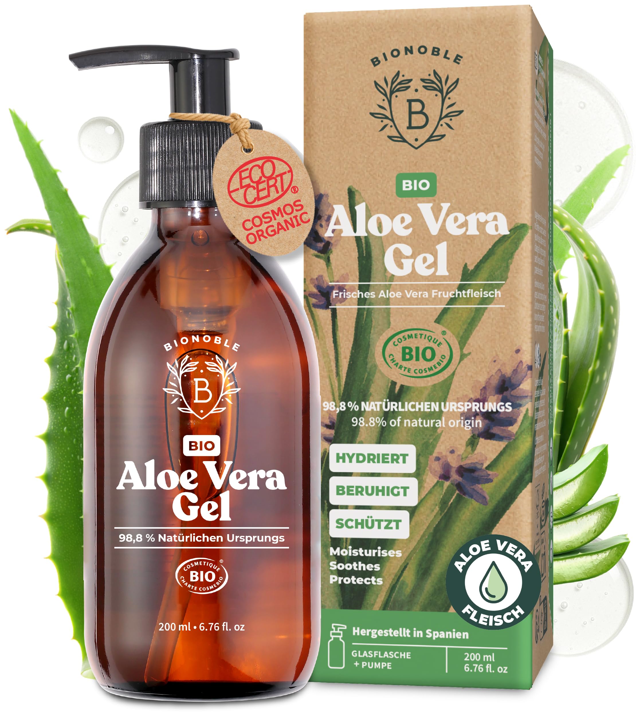 BIONOBLE Bio Aloe Vera Gel 100 Prozent Frischem Blattgel mit Ätherischem Lavendelöl - 97% Reines Aloe Vera Gel Haare - Spendet Feuchtigkeit - Gesicht, After Sun, Körper - Glasflasche, Pumpe - 200ml