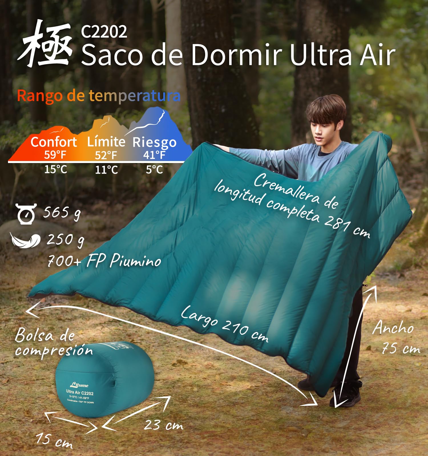 Saco de Dormir combinable Litume de plumón, 565g, 15°C, Ligero, Compacto para Adultos, Saco de Dormir Doble, para mochileros, Camping, Familia, Compacto con Bolsa de Almacenamiento(Verde Azulado)