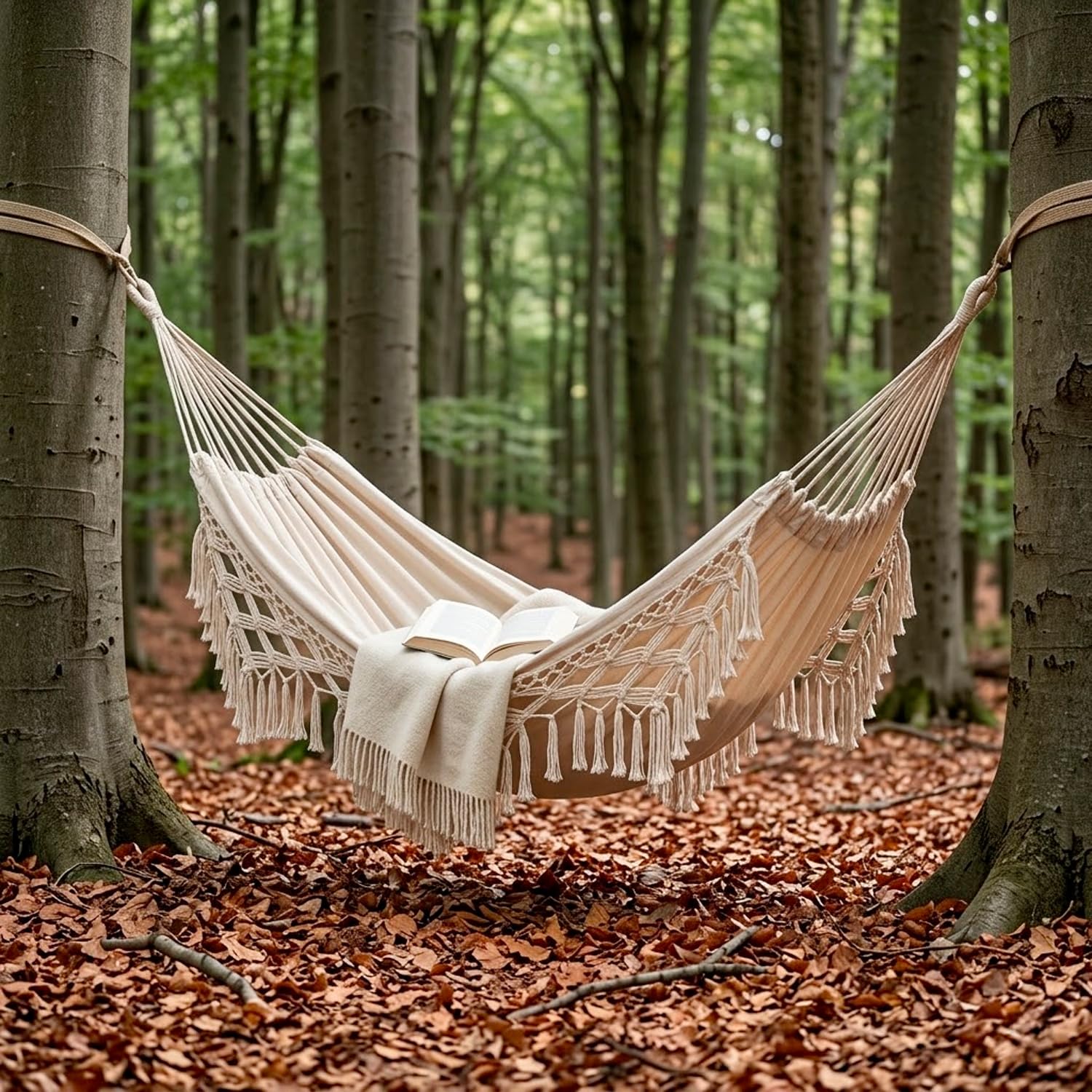 BRICOZONE Amaca Matrimoniale da Giardino in Cotone e Poliestere con Frange Decorative Boho Chic Portata 250 Kg 240 x 150 cm Beige