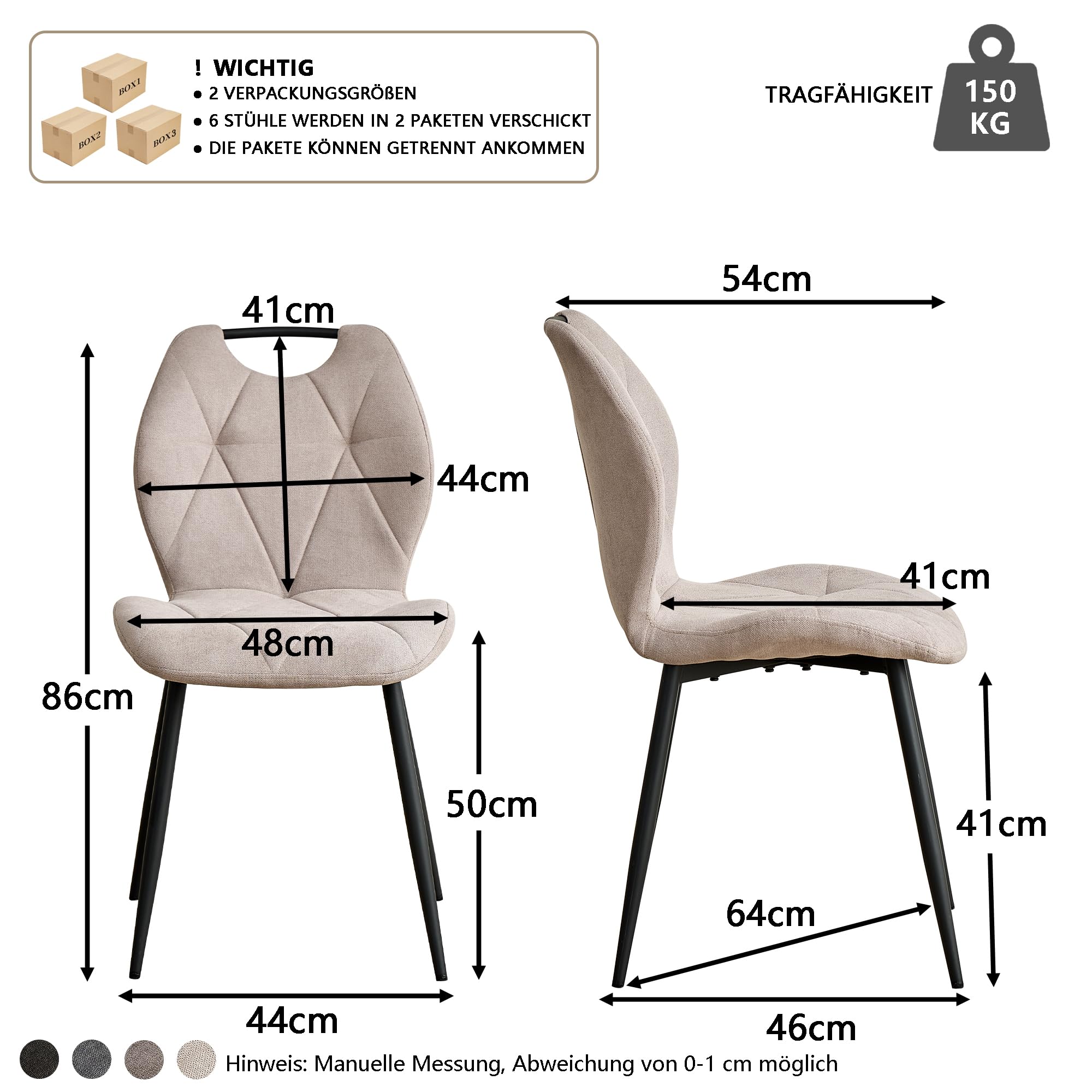 GrandCA HOME 6er-Set Esszimmerstühle, nordische Küchenstühle mit Griffen, für Esszimmer, Wohnzimmer, Metallbeine und Polsterung mit Rautenmuster (Beige)