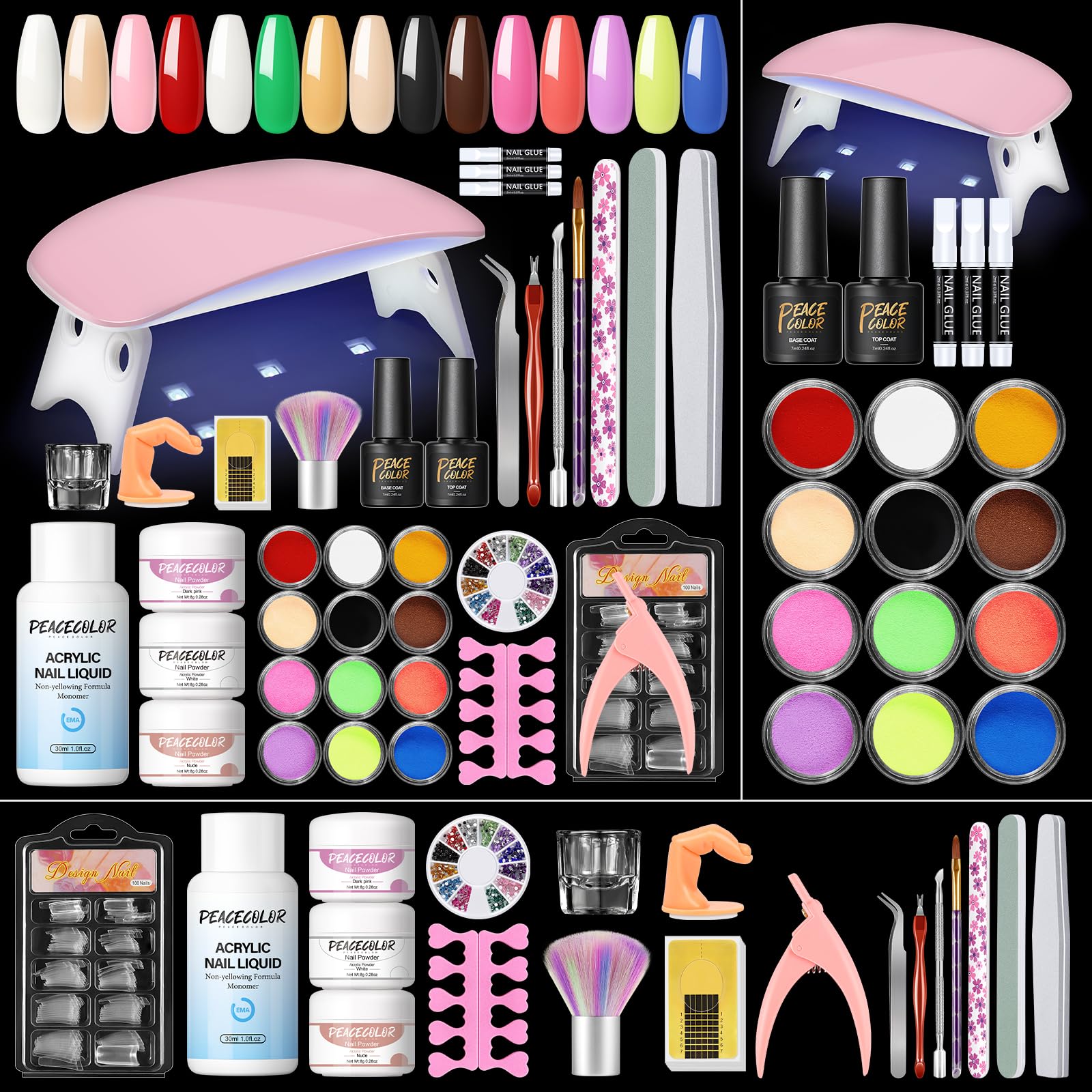 Peacecolor Kit Polvo Acrilico para Uñas con Lampara Uñas,15 Colores Acrilico para Uñas Profesional con 30ML Liquido para Uñas Acrilicas Base y Top Coat,Uñas Acrilicas Kit Completo para Uñas Extensión