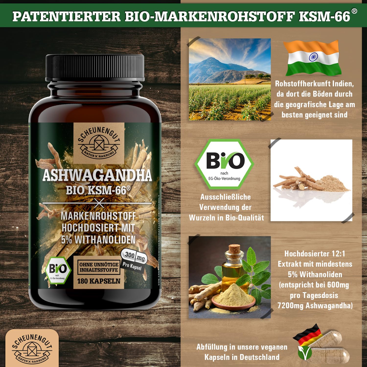 Ashwagandha KSM-66 BIO - 12:1 Extrakt (=3600mg reines Ashwagandha Wurzelpulver je Kapsel) MIT 5% Withanoliden -Ashwagandha Kapseln Hochdosiert- DE SCHEUNENGUT®
