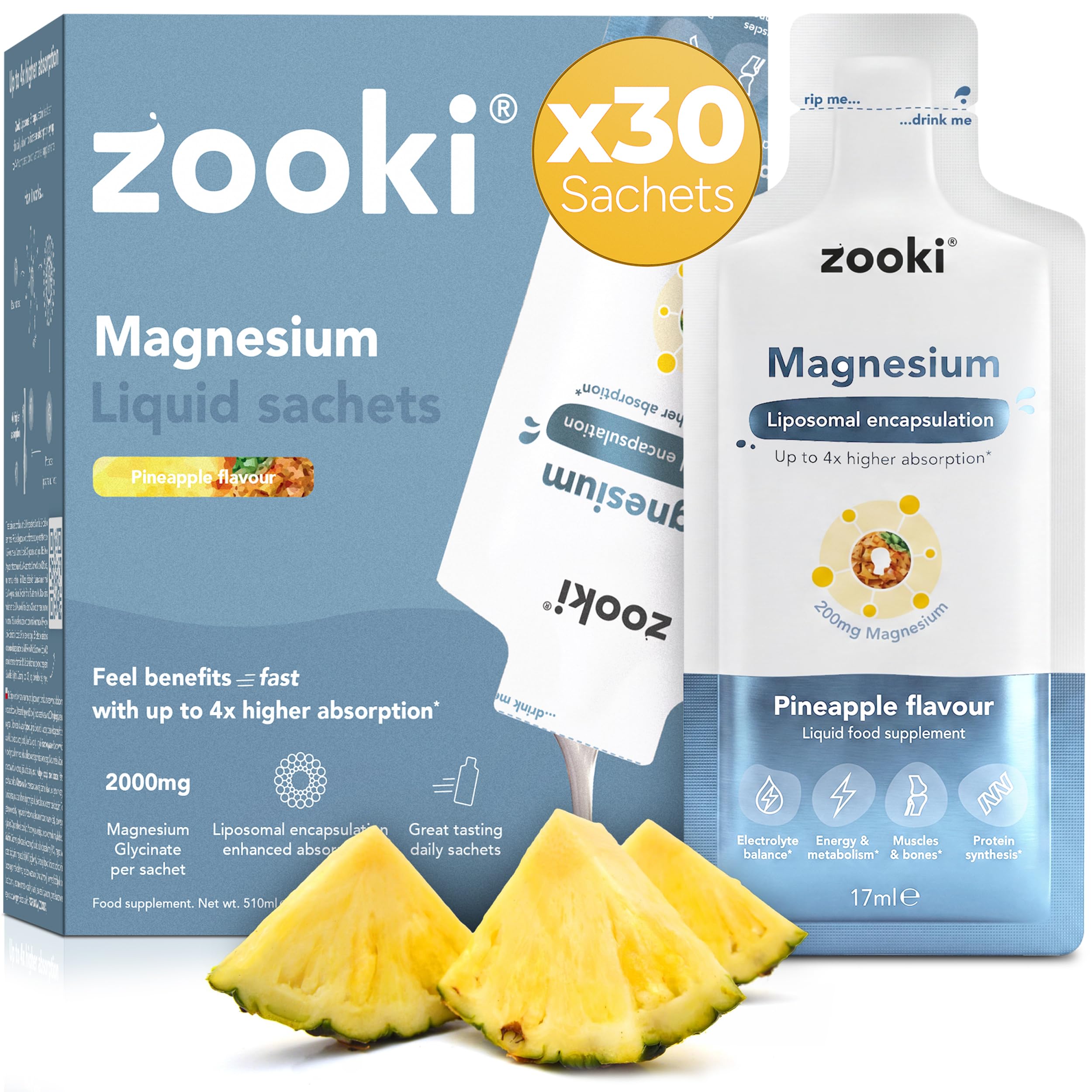 Zooki Liposomal Magnesium Glycinate 2000mg Sachets, Pineapple, 30 Servings