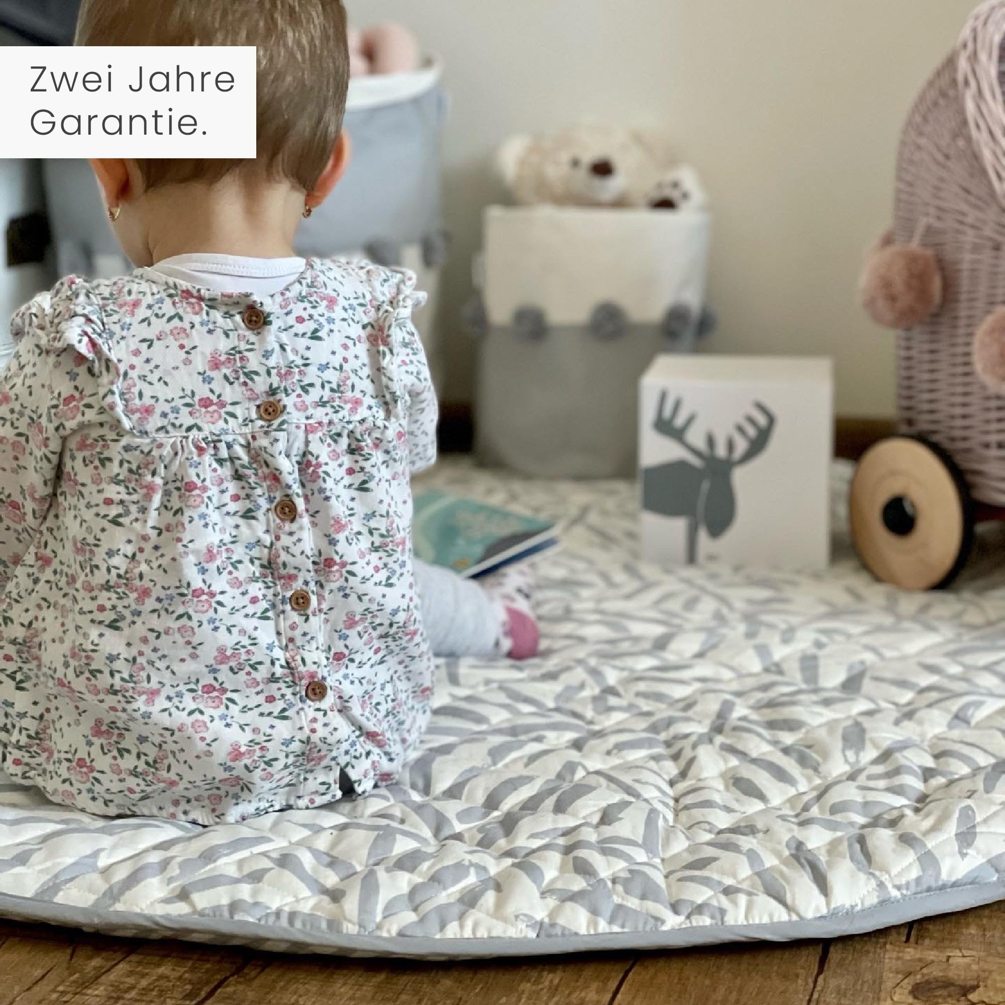 Toddlekind Krabbeldecke für Babys, Blattmuster, handgenäht, Baby-Spielmatte aus Bio-Baumwolle, 125 cm, Stone/Grau