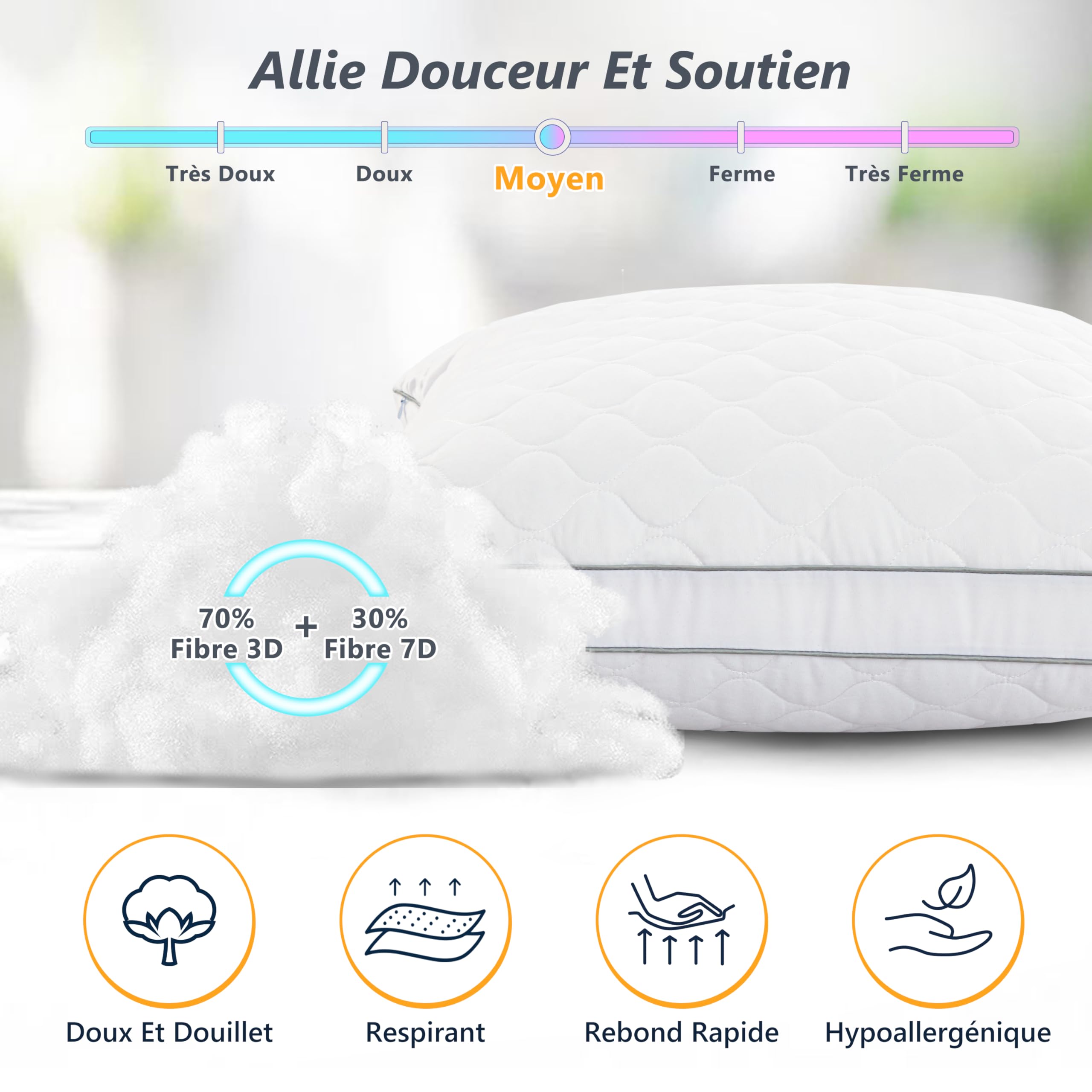 Oreiller 60x60, Oreiller Ergonomique Cervical - Réglable en Hauteur, Haute Qualité Oreillers Ferme Confort, Coussin 60x60 avec Taies Amovibl - Respirant & Hypoallergénique