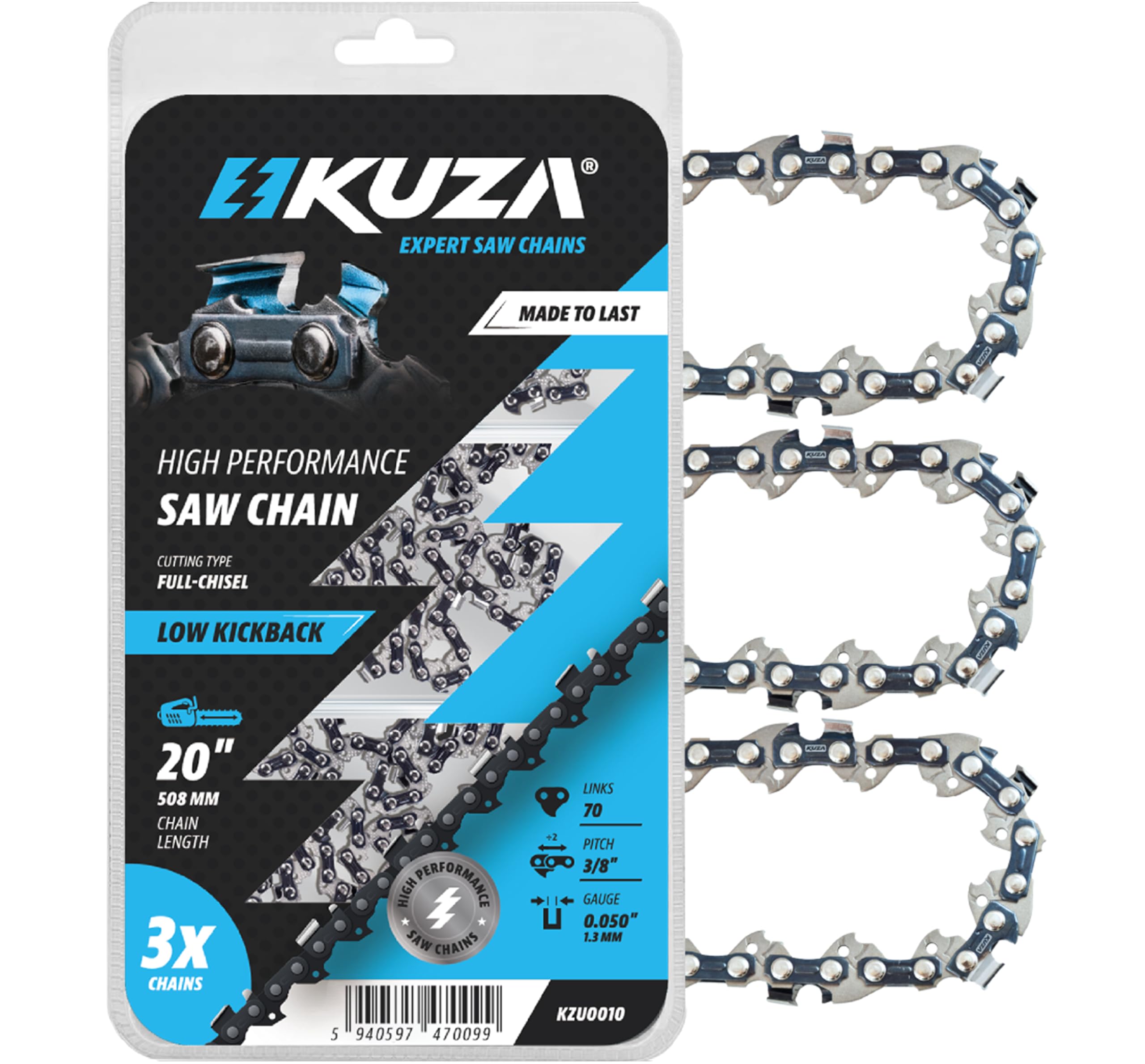 20 Inch Chainsaw Chain 3/8" Pitch, 050" Gauge, 70 Drive Links, German Steel - 72LPX70CQ Fits Echo CS-590 TIMBER WOLF/CS-4400, Poulan PR5020, McCulloch