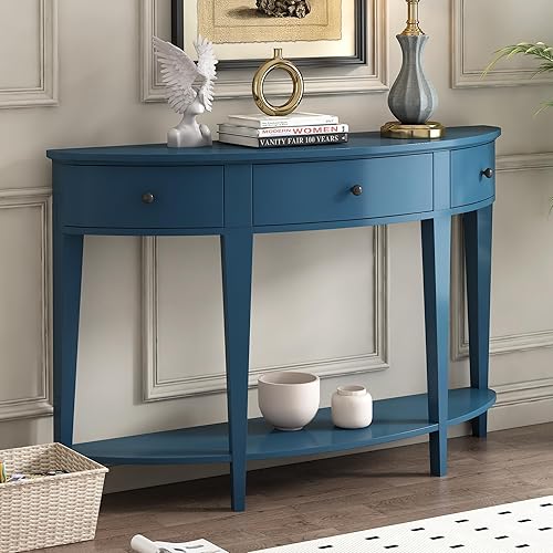 Miniatura 44 de Polibi Mesa consola curvada retro con estante de estilo abierto y 4 cajones superiores, mesa de entrada de media luna de 52 pulgadas de ancho con