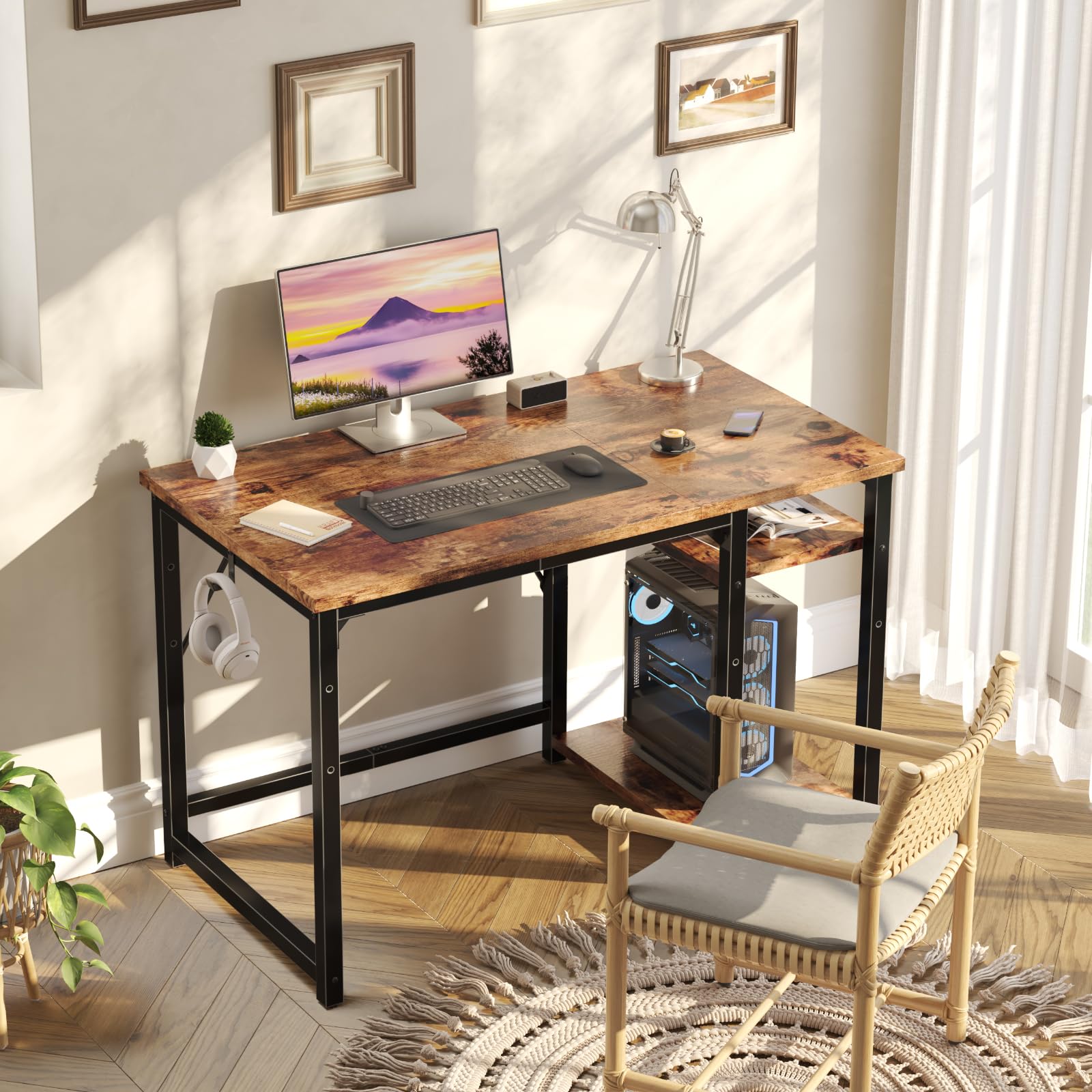 JUMMICO Scrivania 100 x 50 cm, Scrivania per Computer Scrittoio con 2 Ripiani a Sinistra o Destra, Separatore Regolabile, Tavolo da Lavoro Piano di Lavoro, Adatta per l'ufficio o il Soggiorno
