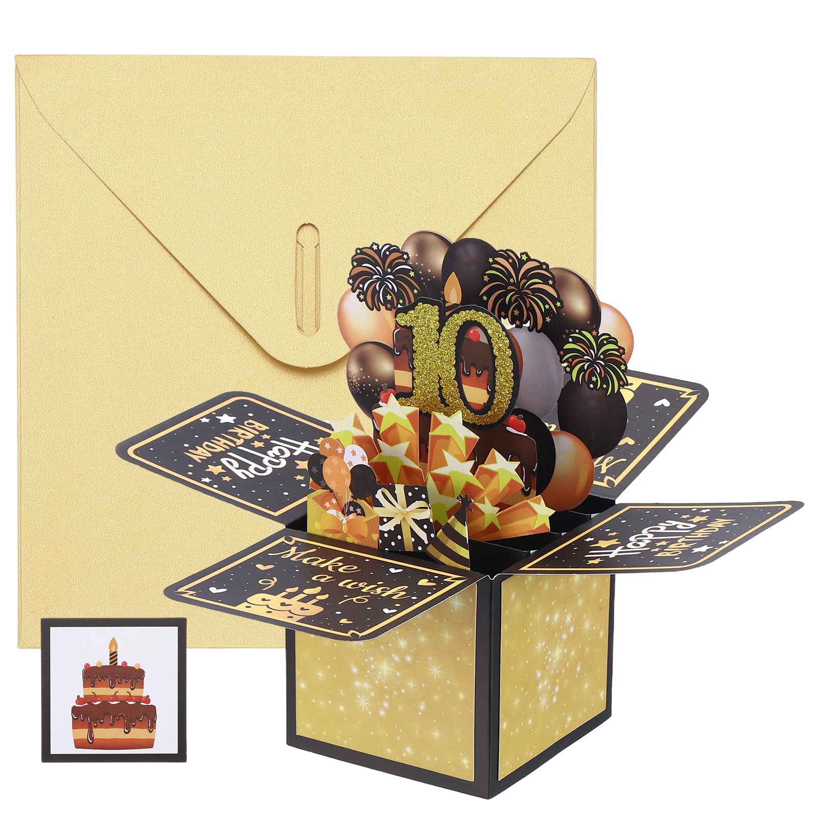 YOKIVE 1 Pcs 3D Birthday Card, 10th Fold Out Birthday Card with Envelope and Small Card for Birthday Party Anniversary Celebration Surprise Greeting Gift, Black Gold Tone — image 1