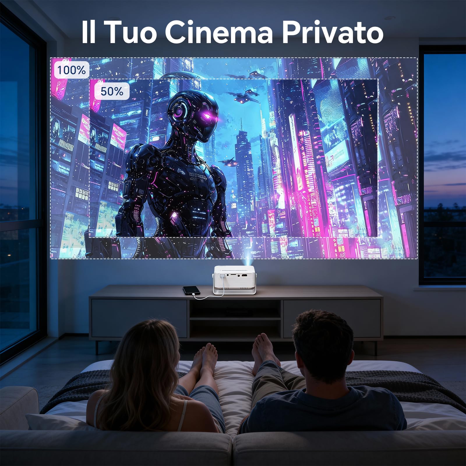 WOLFANG Proiettore Portatile con Supporto 1080P FHD, Mini Proiettore per Casa e Camera da Letto, Correzione Automatica Keystone, Zoom 50% e Rotazione 180°, Compatibile con iOS/Android/Switch/TV Stick