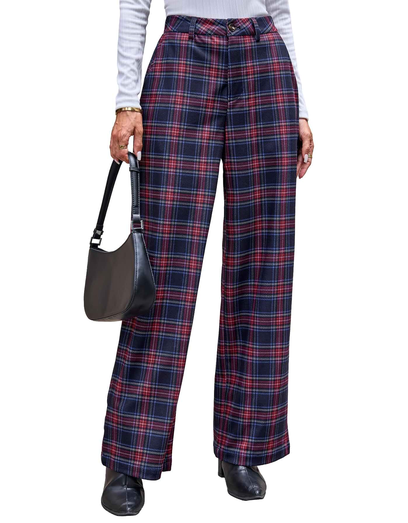 Kedera Womens Plaid Wide Leg Pants Tall Checkered Pants Business Trousers Elastic Waist Gingham Tartan Trousers Pants, Palazzo Pants with Pockets, Office Trousers, Wide Leg Lounge Pants, Fall Fashion