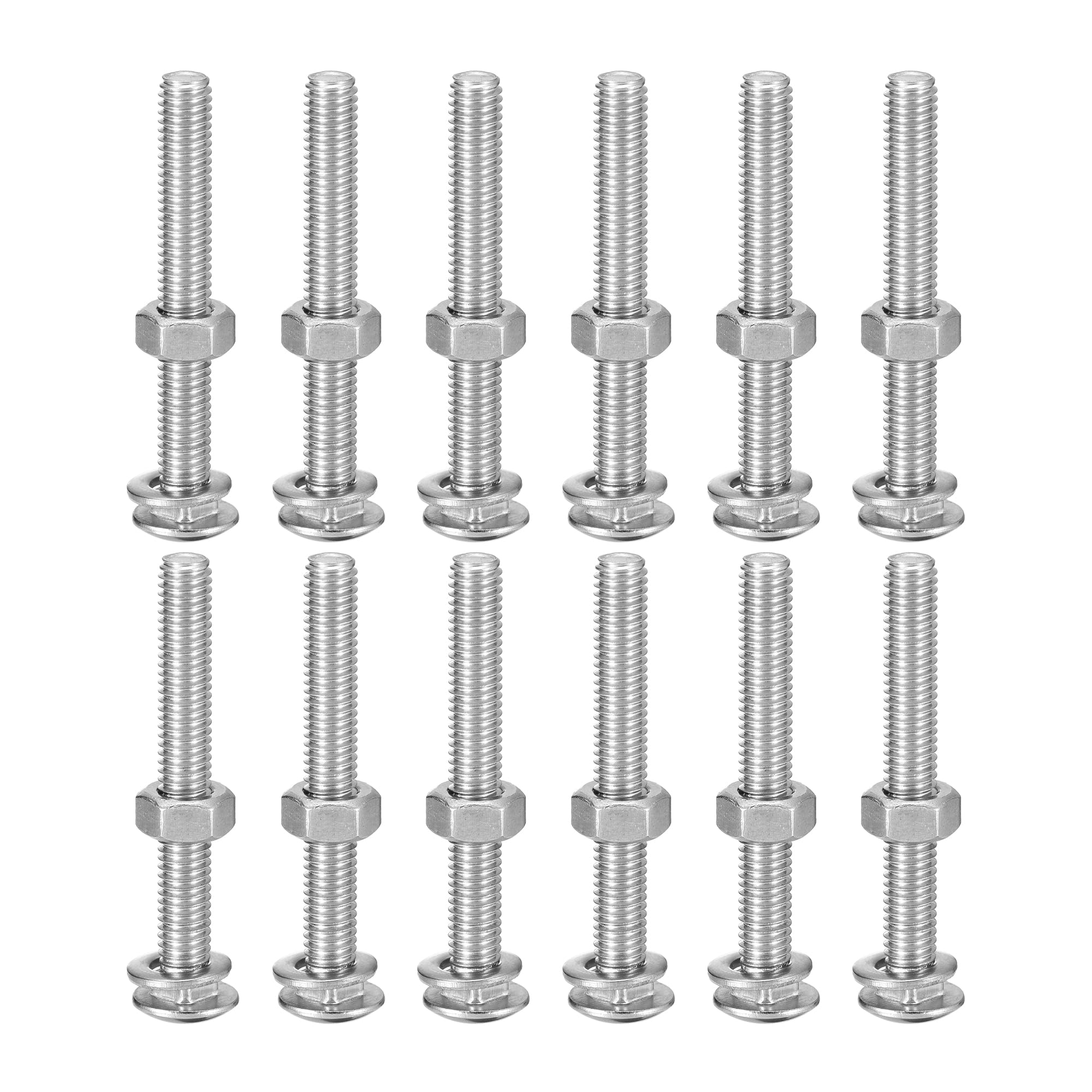 uxcell M6x50mm Square Neck Carriage Bolts with Nuts & Washers, 12Set 304 Stainless Steel Round Head Square Neck Coach Bolt Screws, Silver Tone