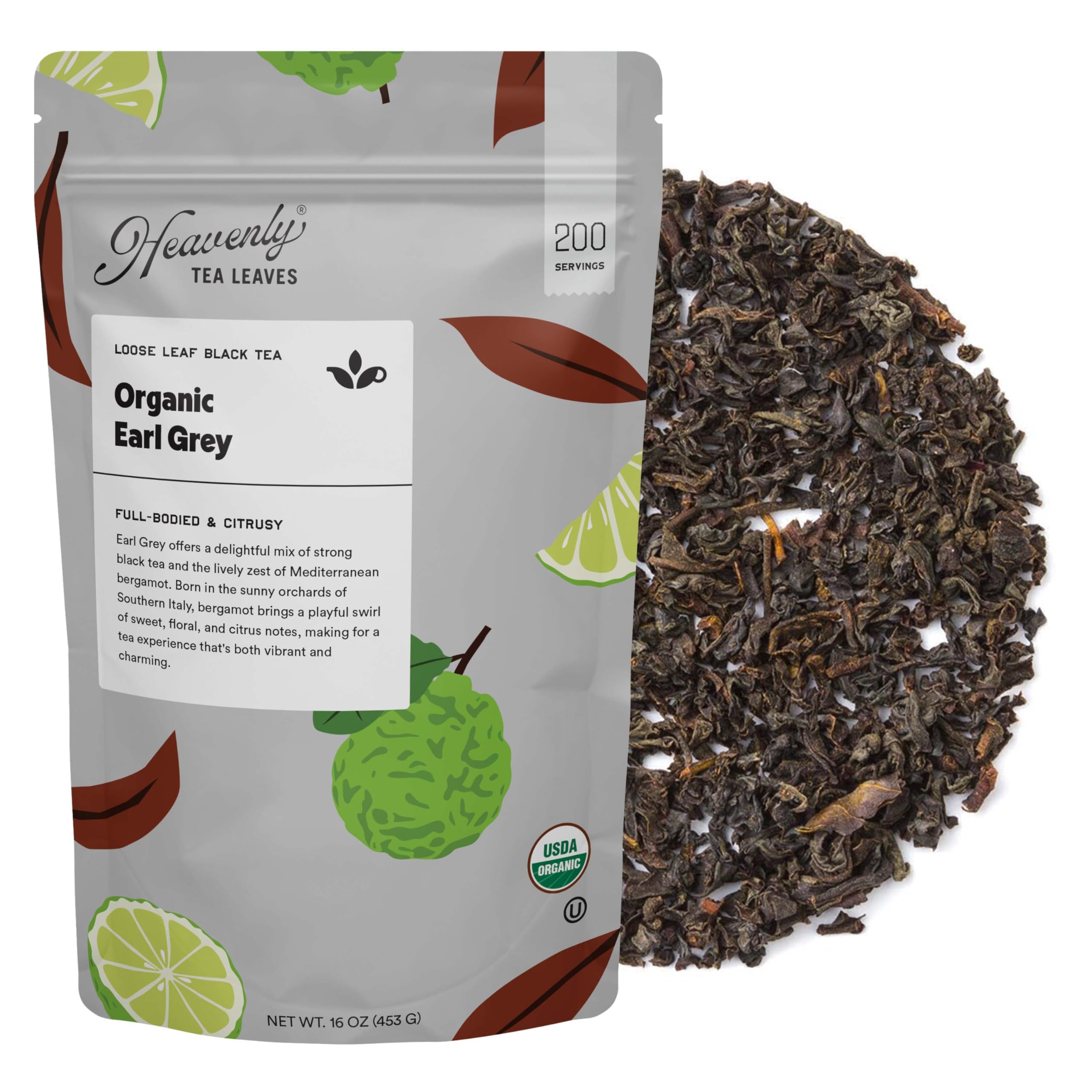 Organic Earl Grey, Bulk Loose Leaf Black Tea, 1 Lb. (Approx. 200 Cups) - Strong, Full Bodied, Brisk, Great For Hot Or Iced Tea, Naturally Caffeinated, Premium Quality